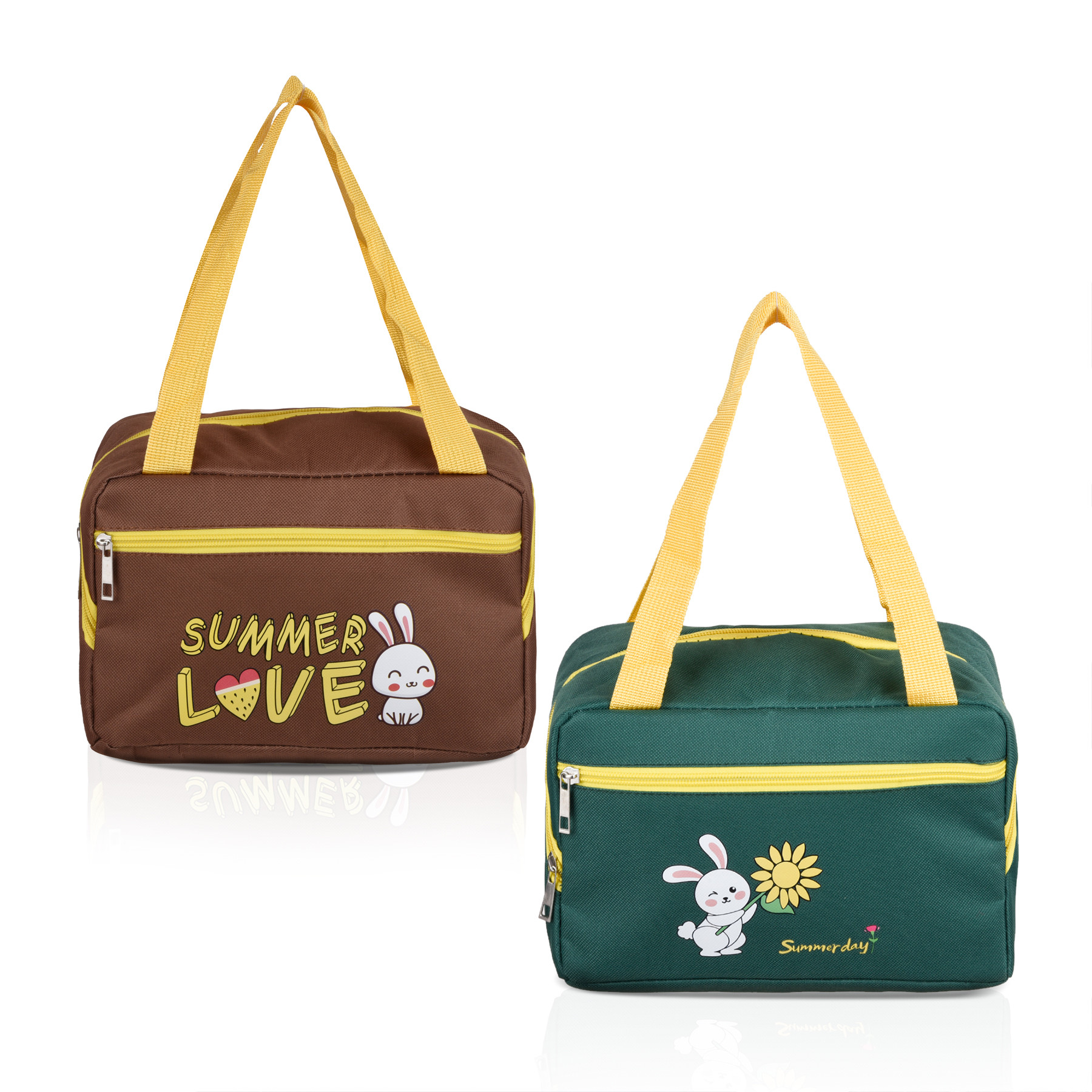 Kuber Industries Pack of 2 Lunch Bag | Insulated Lunch Bag | Lunch Bag for Office | Lunch Bag for Camping with Front Pocket | Waterproof Tiffin Cover with Handle | Summer Rabbit | Brown & Green