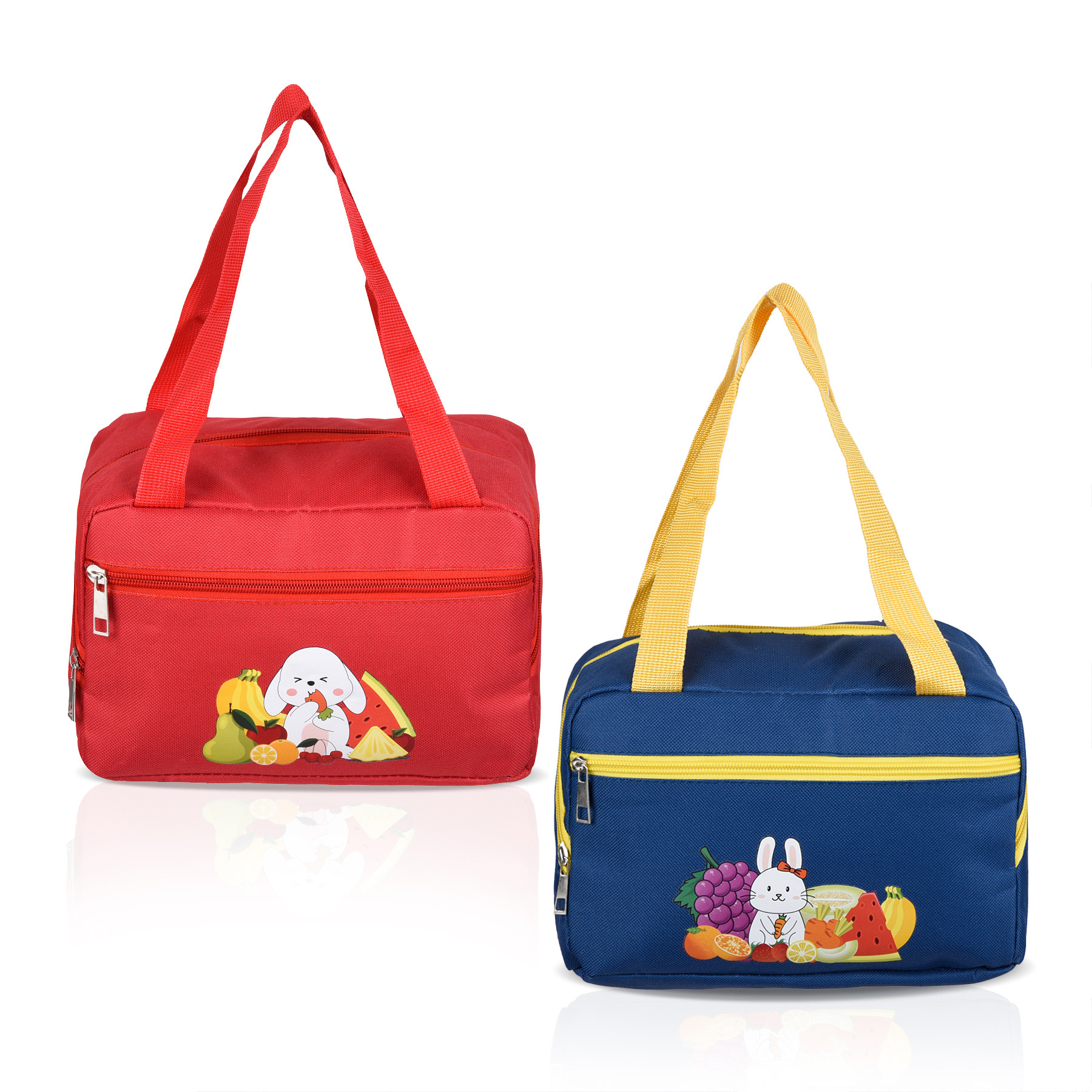 Kuber Industries Pack of 2 Lunch Bag | Insulated Lunch Bag | Lunch Bag for Office | Lunch Bag for Camping with Front Pocket | Waterproof Tiffin Cover with Handle | Fruit Rabbit-Print | Blue & Red