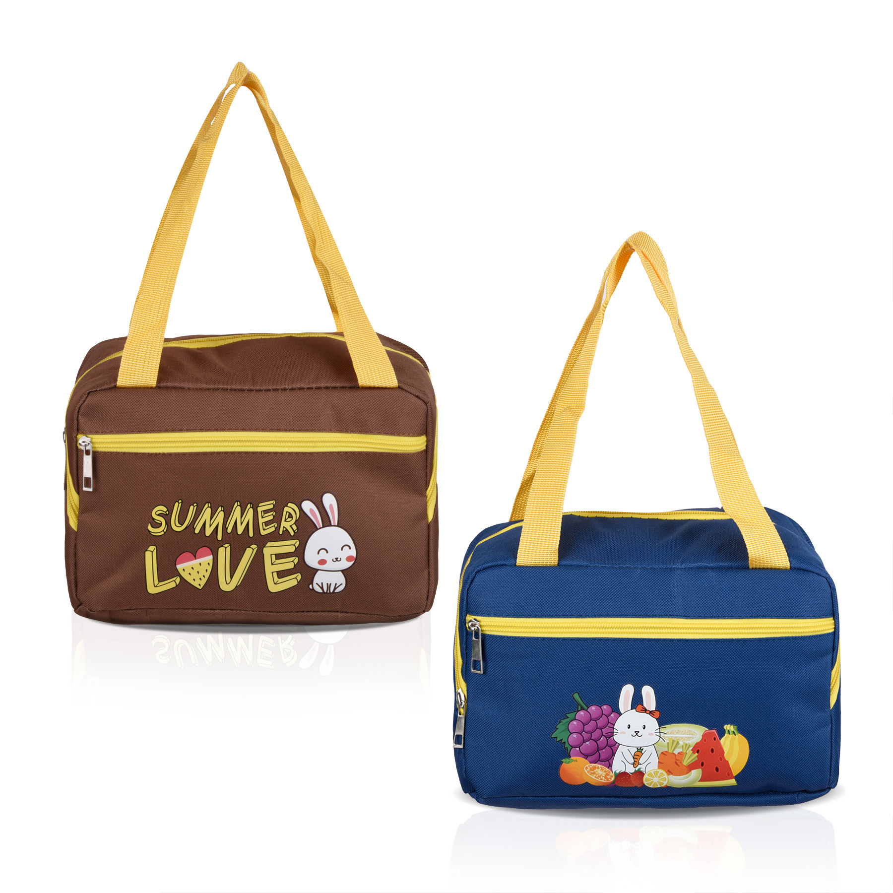 Kuber Industries Pack of 2 Lunch Bag | Rexine Thermal Insulated Lunch Bag | Lunch Bag for Office | Lunch Bag for Camping with Front Pocket | Waterproof Tiffin Cover with Handle | Brown & Blue