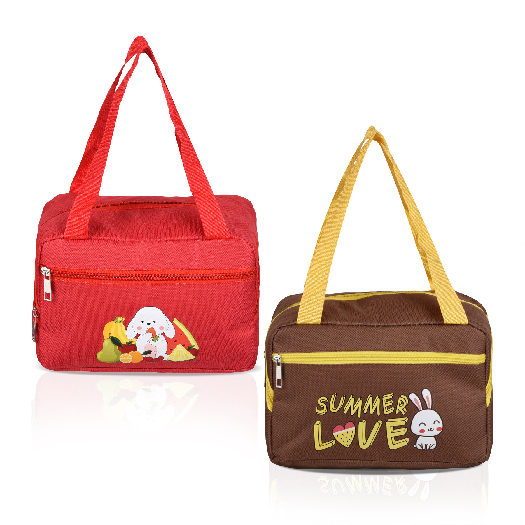 Kuber Industries Pack of 2 Lunch Bag | Rexine Thermal Insulated Lunch Bag | Lunch Bag for Office | Lunch Bag for Camping with Front Pocket | Waterproof Tiffin Cover with Handle | Brown & Red