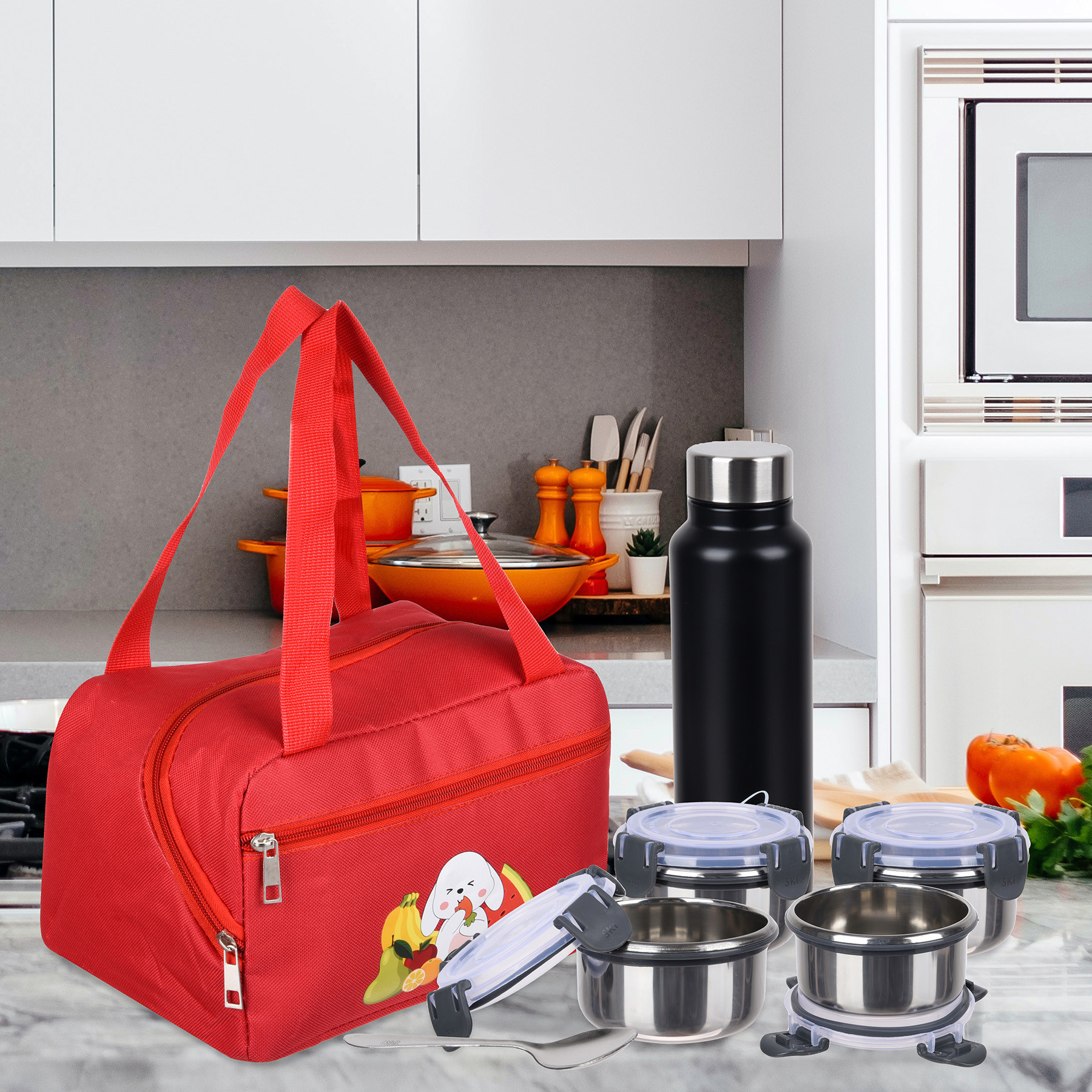 Kuber Industries Pack of 2 Lunch Bag | Rexine Thermal Insulated Lunch Bag | Lunch Bag for Office | Lunch Bag for Camping with Front Pocket | Waterproof Tiffin Cover with Handle | Brown & Red