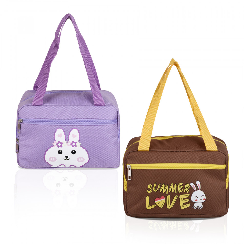 Kuber Industries Pack of 2 Lunch Bag | Rexine Thermal Insulated Lunch Bag | Lunch Bag for Office | Lunch Bag for Camping with Front Pocket | Waterproof Tiffin Cover with Handle | Brown &amp; Purple