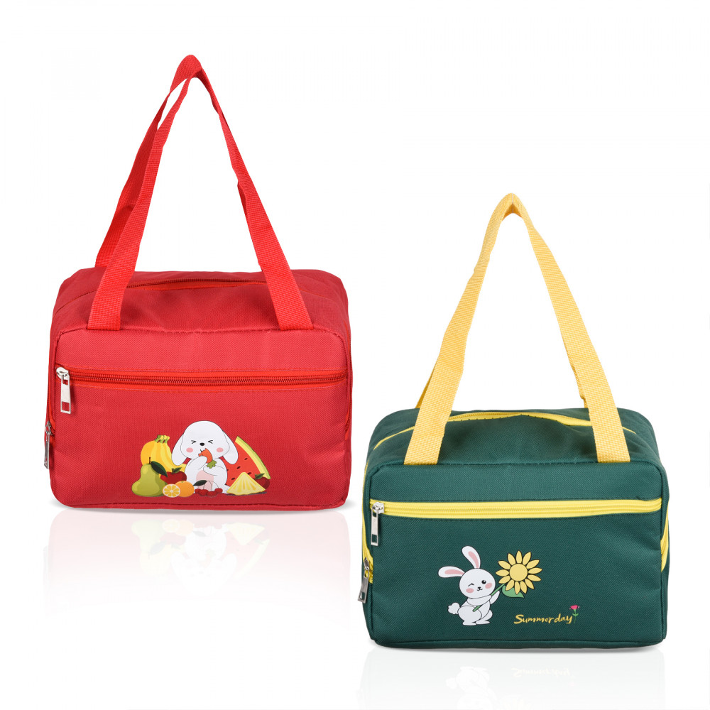 Kuber Industries Pack of 2 Lunch Bag | Rexine Thermal Insulated Lunch Bag | Lunch Bag for Office | Lunch Bag for Camping with Front Pocket | Waterproof Tiffin Cover with Handle | Green &amp; Red