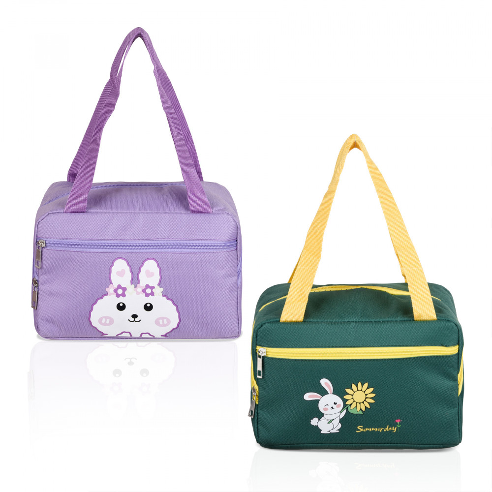 Kuber Industries Pack of 2 Lunch Bag | Rexine Thermal Insulated Lunch Bag | Lunch Bag for Office | Lunch Bag for Camping with Front Pocket | Waterproof Tiffin Cover with Handle | Green &amp; Purple