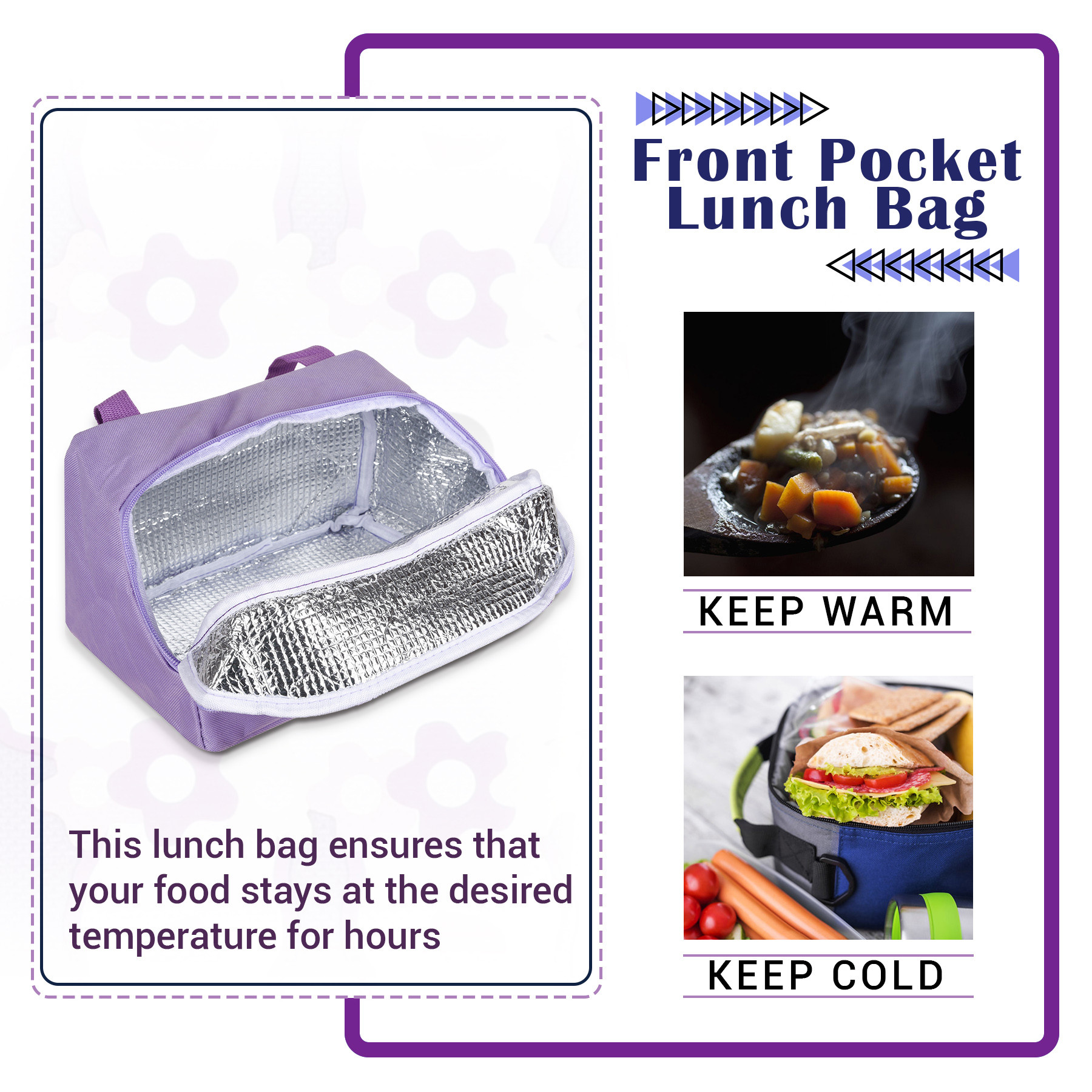 Kuber Industries Pack of 2 Lunch Bag | Rexine Thermal Insulated Lunch Bag | Lunch Bag for Office | Lunch Bag for Camping with Front Pocket | Waterproof Tiffin Cover with Handle | Green & Purple