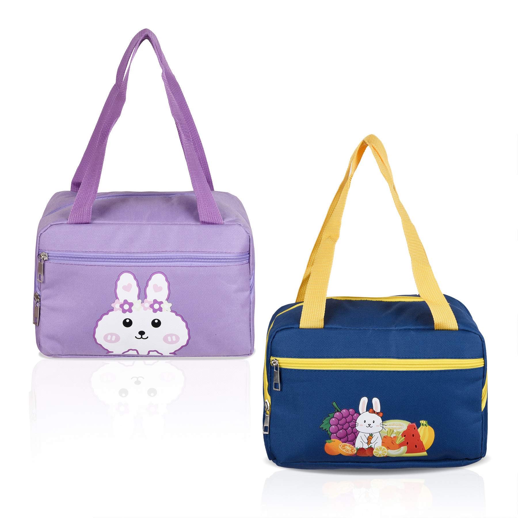 Kuber Industries Pack of 2 Lunch Bag | Rexine Thermal Insulated Lunch Bag | Lunch Bag for Office | Lunch Bag for Camping with Front Pocket | Waterproof Tiffin Cover with Handle | Blue & Purple
