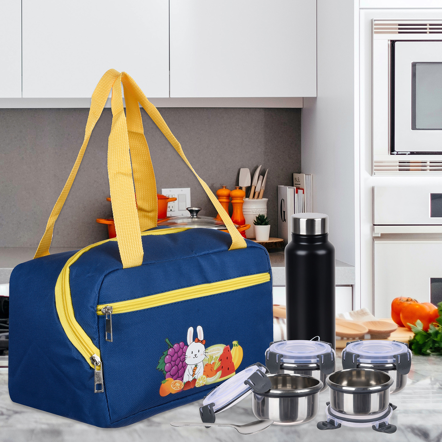 Kuber Industries Pack of 2 Lunch Bag | Rexine Thermal Insulated Lunch Bag | Lunch Bag for Office | Lunch Bag for Camping with Front Pocket | Waterproof Tiffin Cover with Handle | Blue & Purple