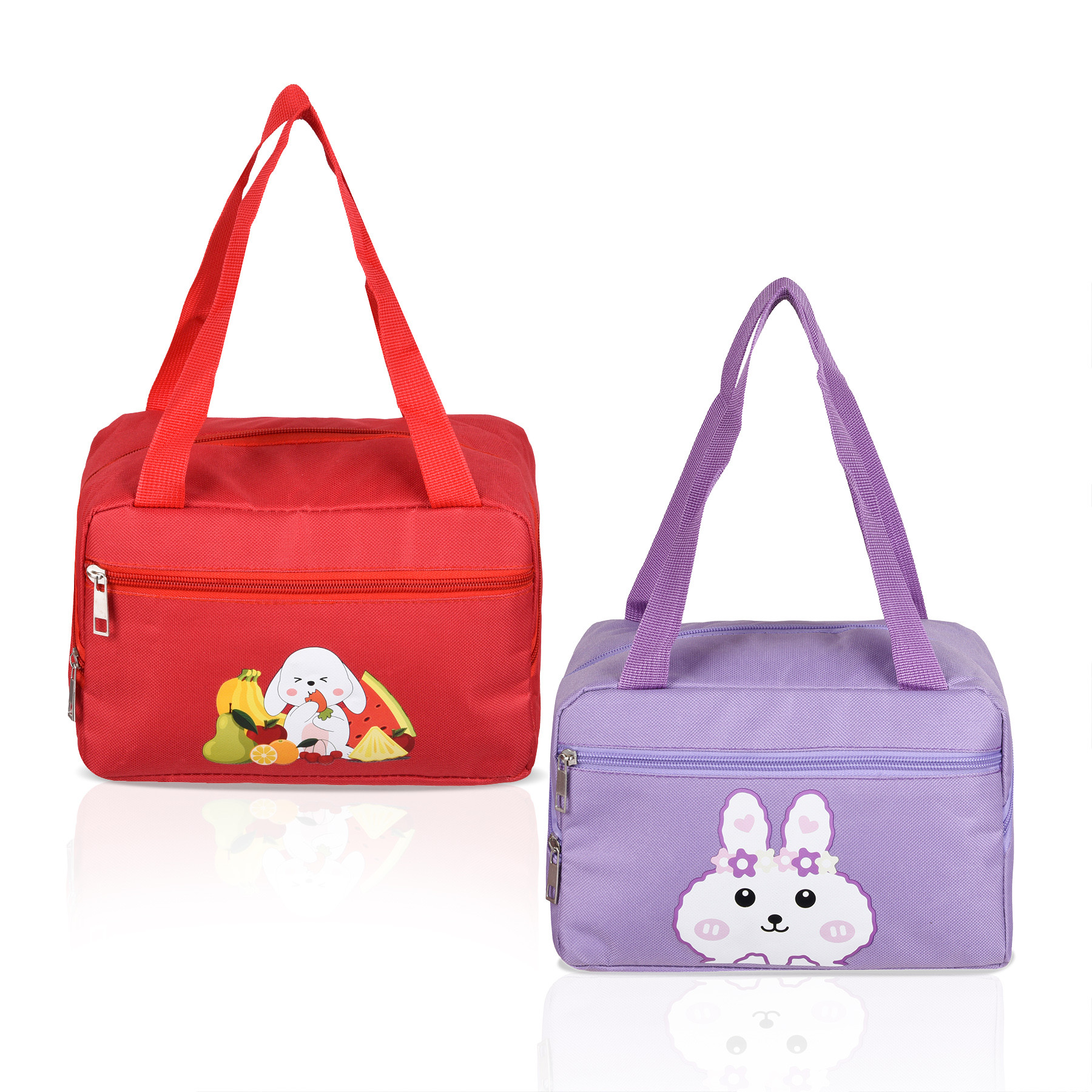 Kuber Industries Pack of 2 Lunch Bag | Rexine Thermal Insulated Lunch Bag | Lunch Bag for Office | Lunch Bag for Camping with Front Pocket | Waterproof Tiffin Cover with Handle | Red & Purple
