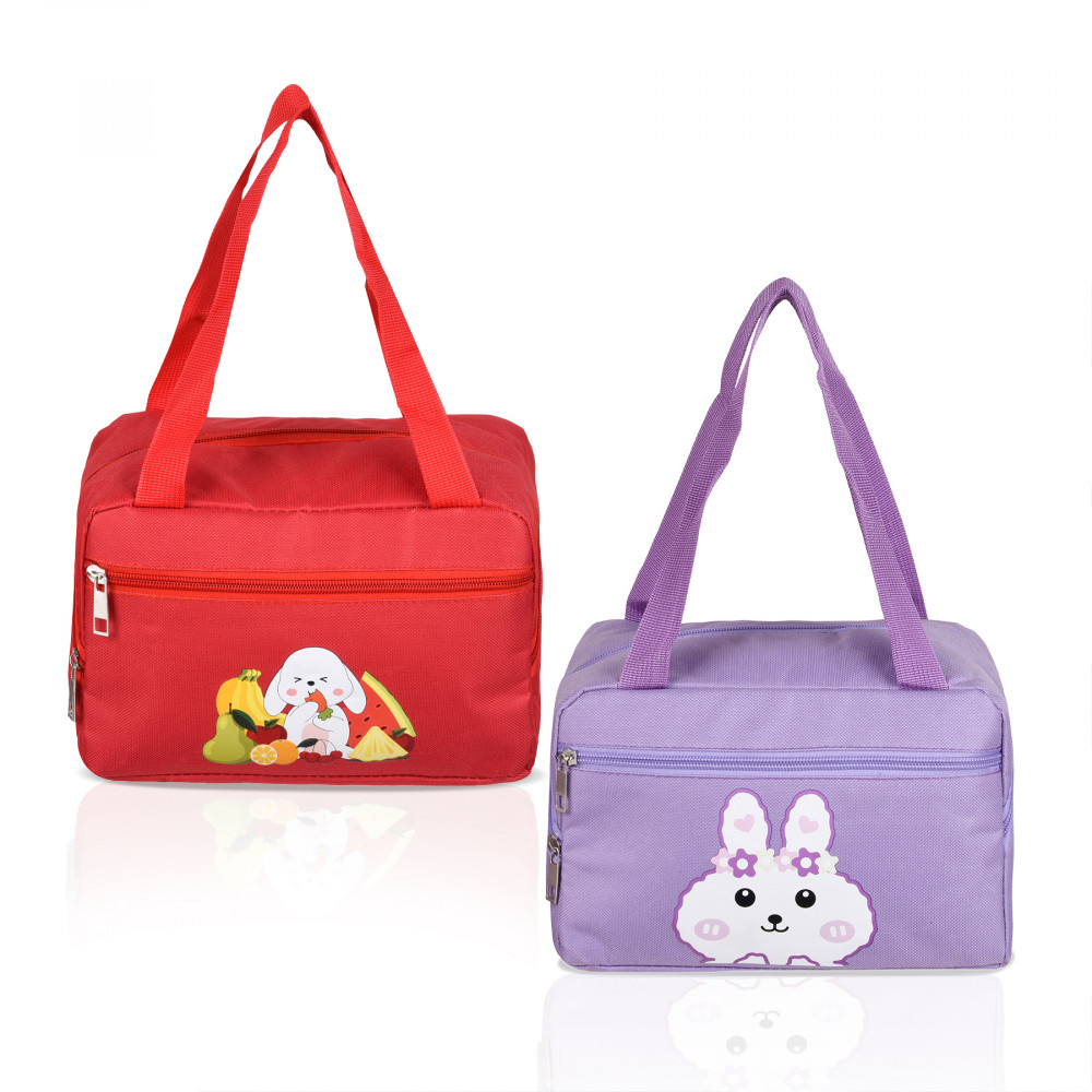 Kuber Industries Pack of 2 Lunch Bag | Rexine Thermal Insulated Lunch Bag | Lunch Bag for Office | Lunch Bag for Camping with Front Pocket | Waterproof Tiffin Cover with Handle | Red &amp; Purple
