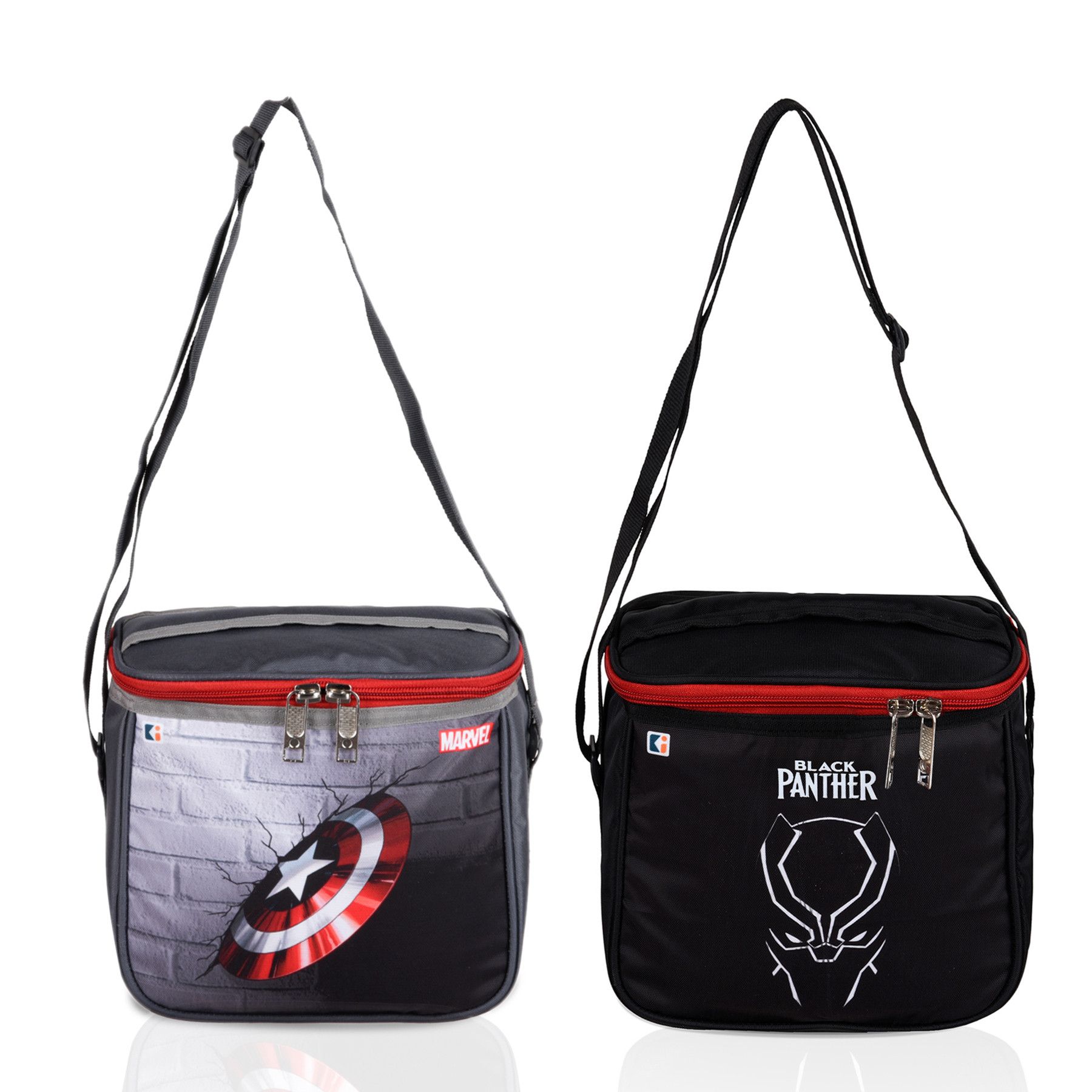Kuber Industries Pack of 2 Marvel Lunch Bag | Rexine Waterproof Tiffin Cover | Lunch Bag for Office | Camping Lunch Bag | School Lunch Bag | Kids Lunch Bag with Handle | Gray & Black