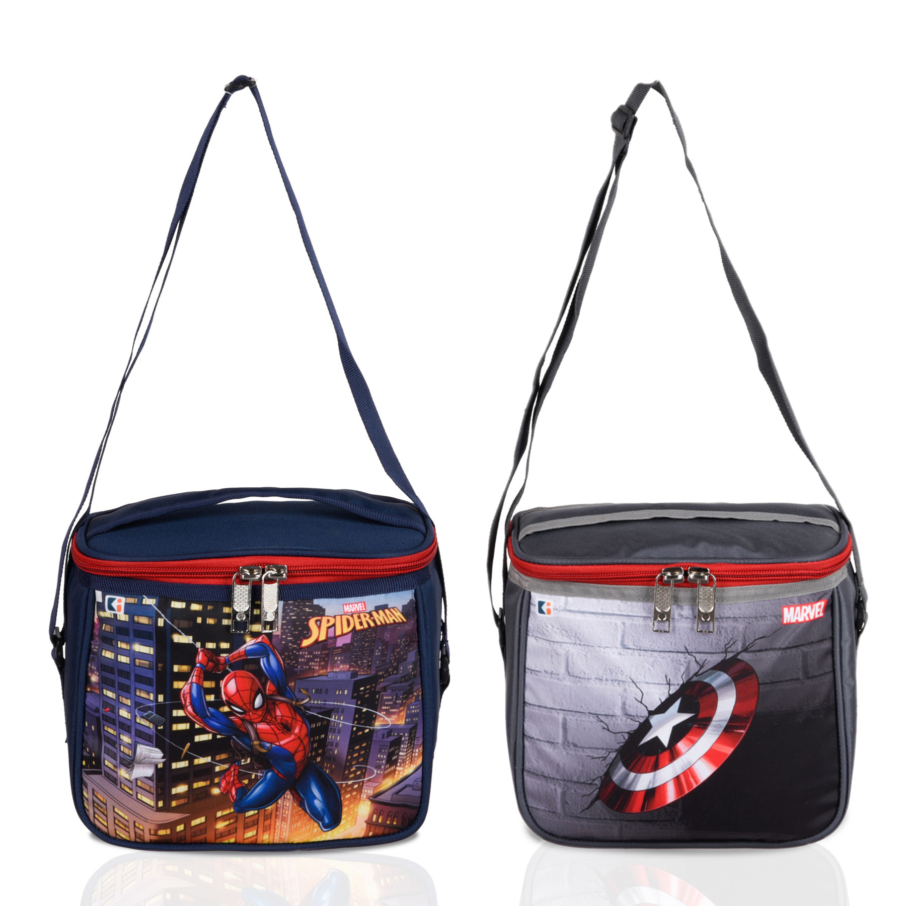 Kuber Industries Pack of 2 Marvel Lunch Bag | Rexine Waterproof Tiffin Cover | School Lunch Bag | Lunch Bag for Office | Kids Lunch Bag with Handle | Camping Lunch Bag | Navy Blue & Gray
