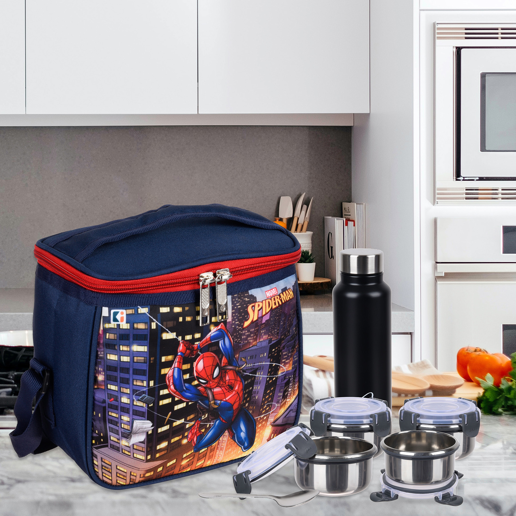 Kuber Industries Pack of 2 Marvel Lunch Bag | Rexine Waterproof Tiffin Cover | School Lunch Bag | Lunch Bag for Office | Kids Lunch Bag with Handle | Camping Lunch Bag | Navy Blue & Gray