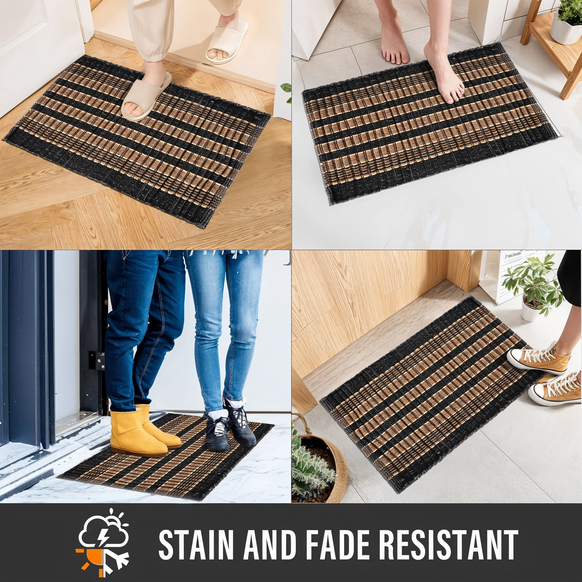 Kuber Industries Pack of 2 Rectangle Durable Door Mats for Home  Living Room  23x15 Inch Rainy Season Mats for Floor  Footmats for Bedroom Kitchen  Balcony  Strips - Brown  Black
