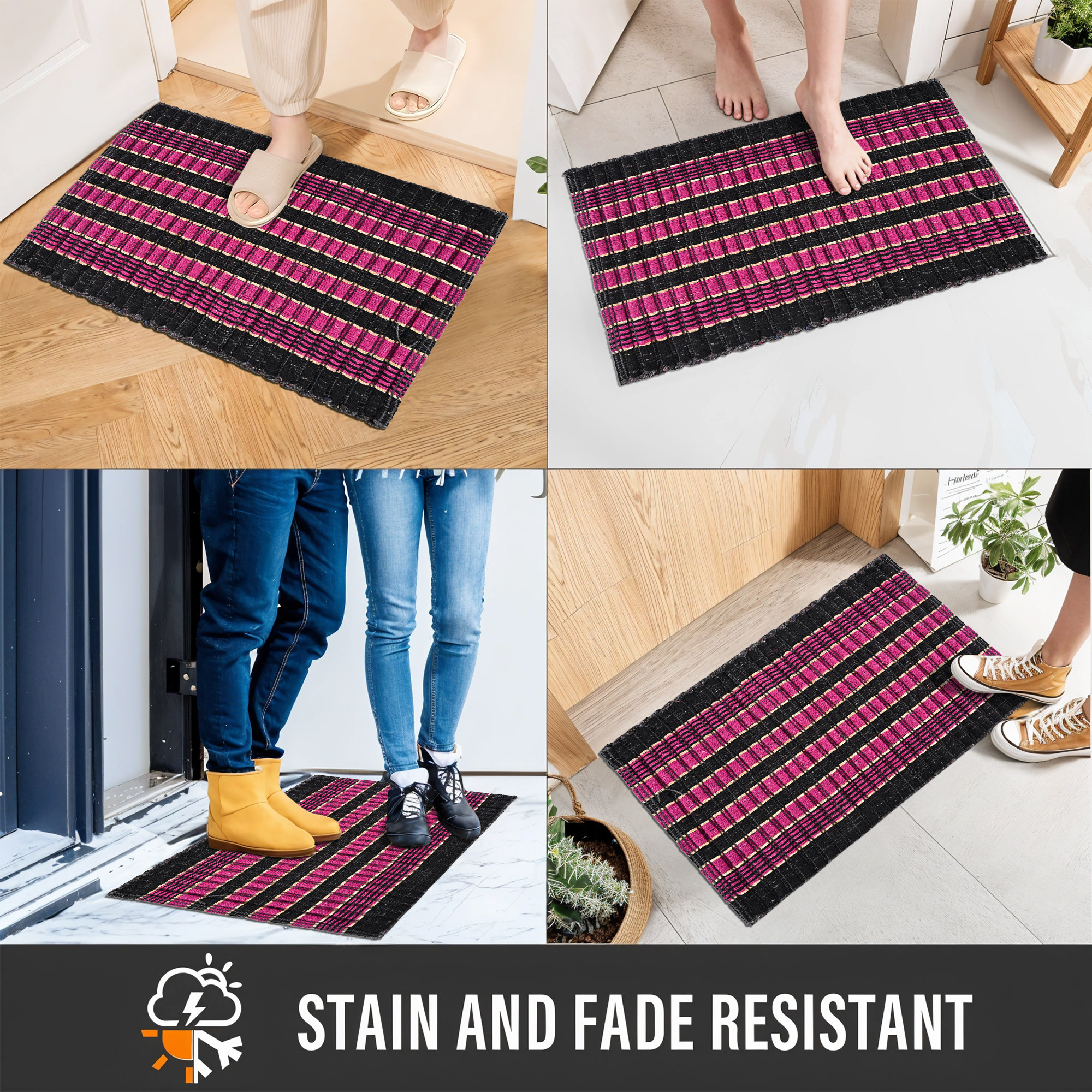 Kuber Industries Pack of 2 Rectangle Durable Door Mats for Home  Living Room  23x15 Inch Rainy Season Mats for Floor  Footmats for Bedroom Kitchen  Balcony  Strips - Gulabi  Black