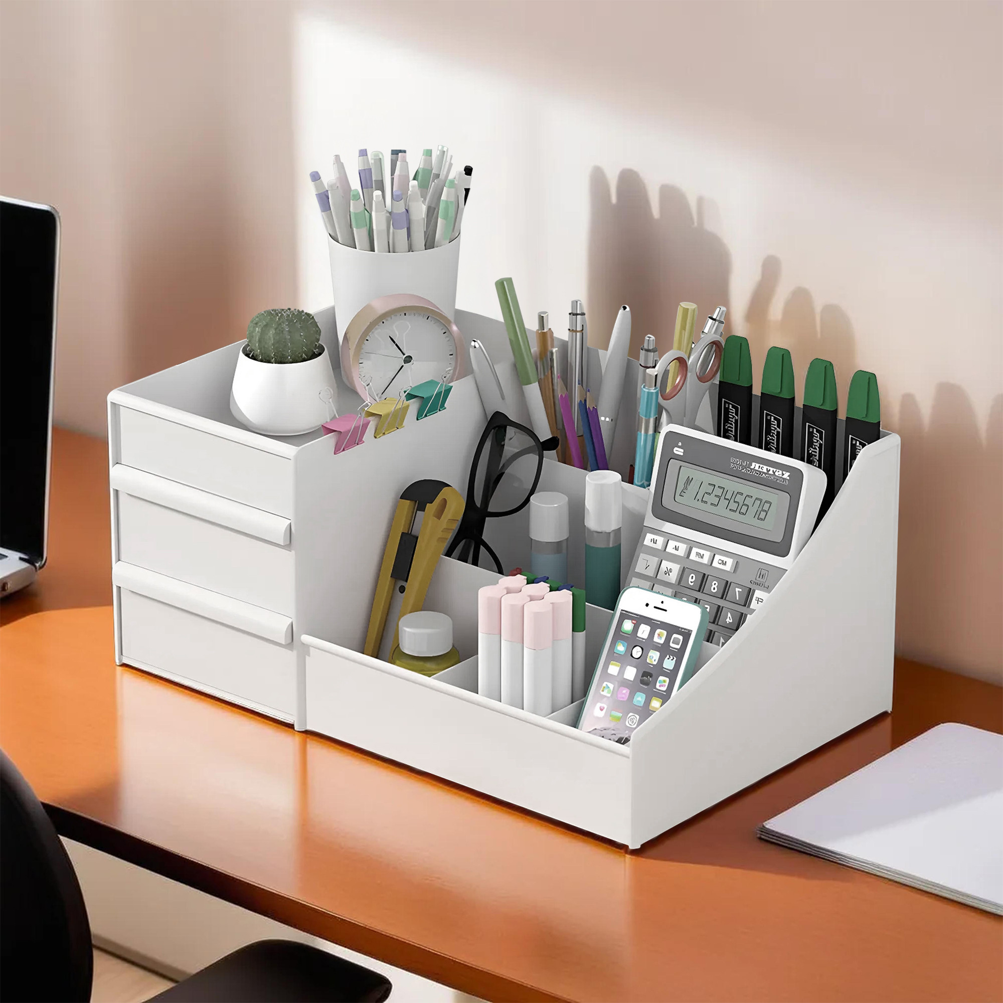 Kuber Industries Pack of 2 Stationary Organizers for Desk  Pen Holder for Study Table  8 Compartments Pencil Box with Drawers for Students  White