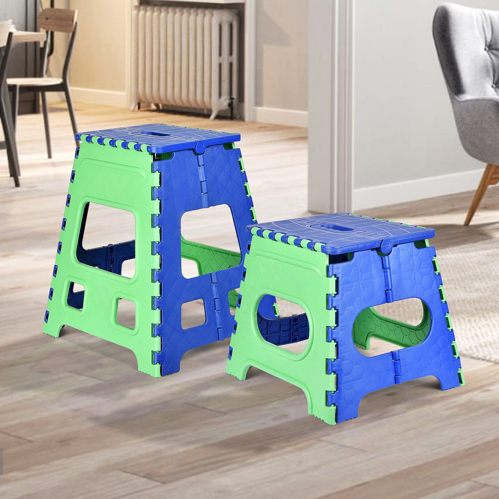 Kuber Industries Pack of 2 Stool | Portable & Foldable Stool | Collapsible Camping Chair | Stool for Outdoor-Fishing-Hiking-Garden-Travel | Multipurpose Sitting Stool | Large-Small | Green & Blue