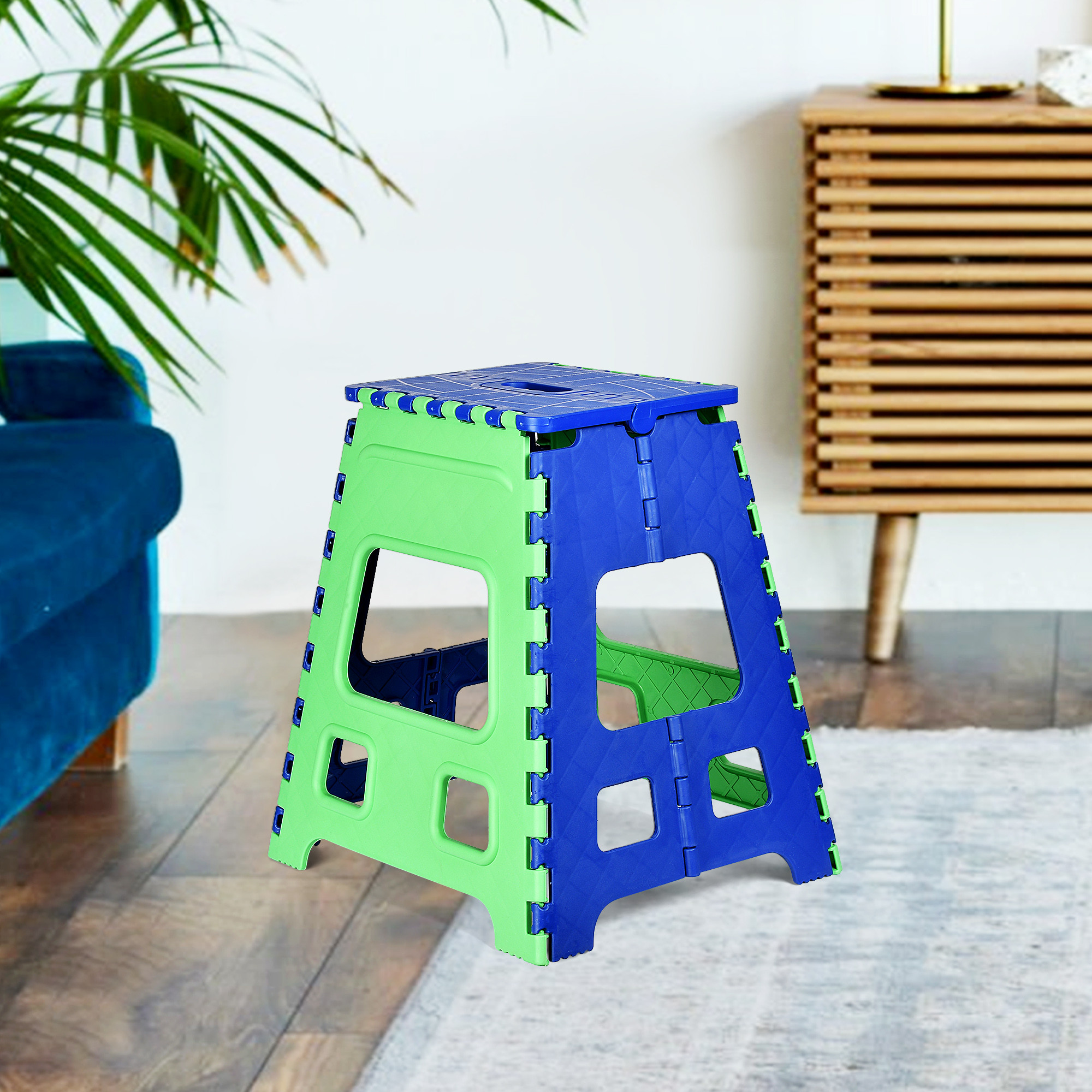 Kuber Industries Pack of 2 Stool | Portable & Foldable Stool | Collapsible Camping Chair | Stool for Outdoor-Fishing-Hiking-Garden-Travel | Multipurpose Sitting Stool | Large-Small | Green & Blue