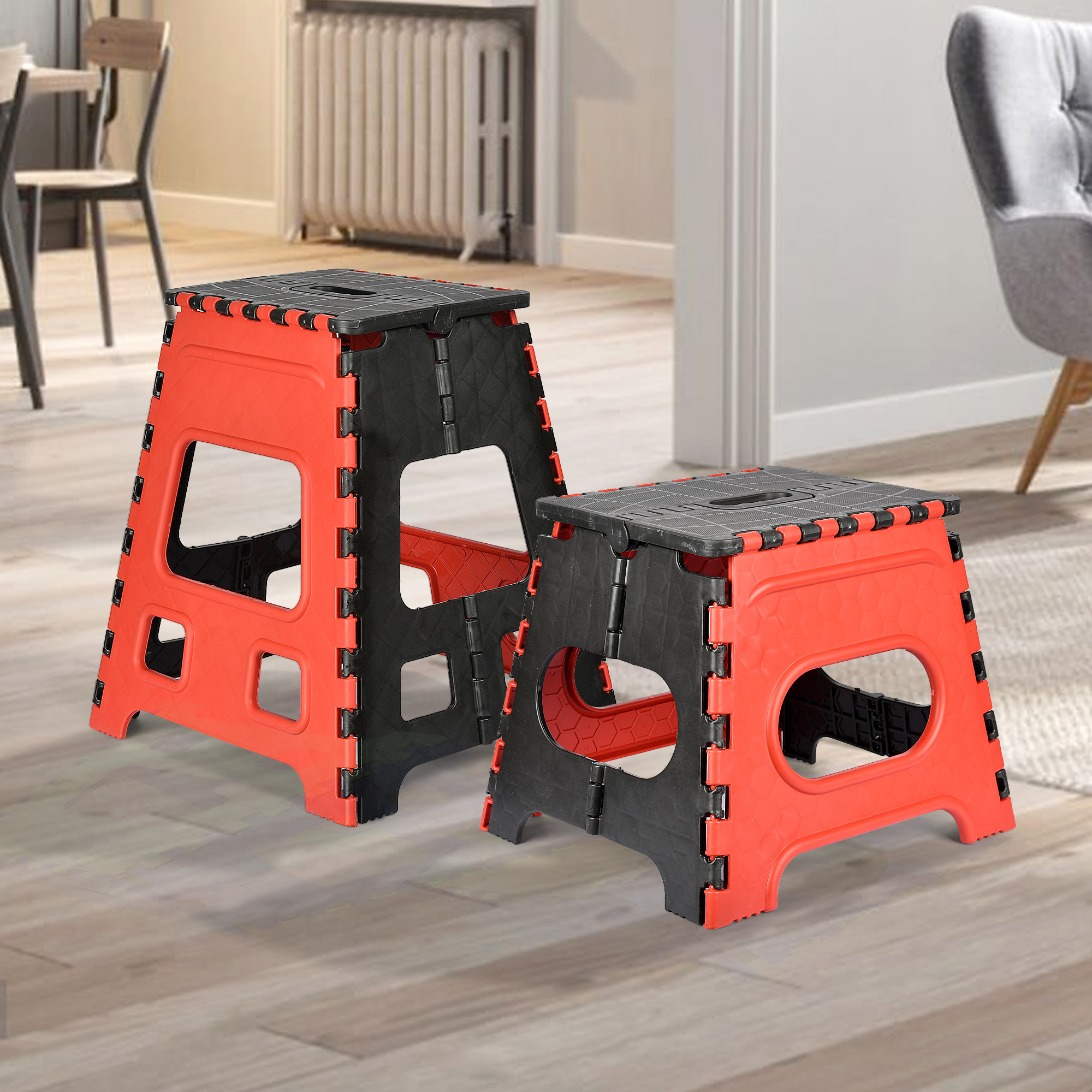 Kuber Industries Pack of 2 Stool | Portable & Foldable Stool | Collapsible Camping Chair | Stool for Outdoor-Fishing-Hiking-Garden-Travel | Multipurpose Sitting Stool | Large-Small | Red & Black