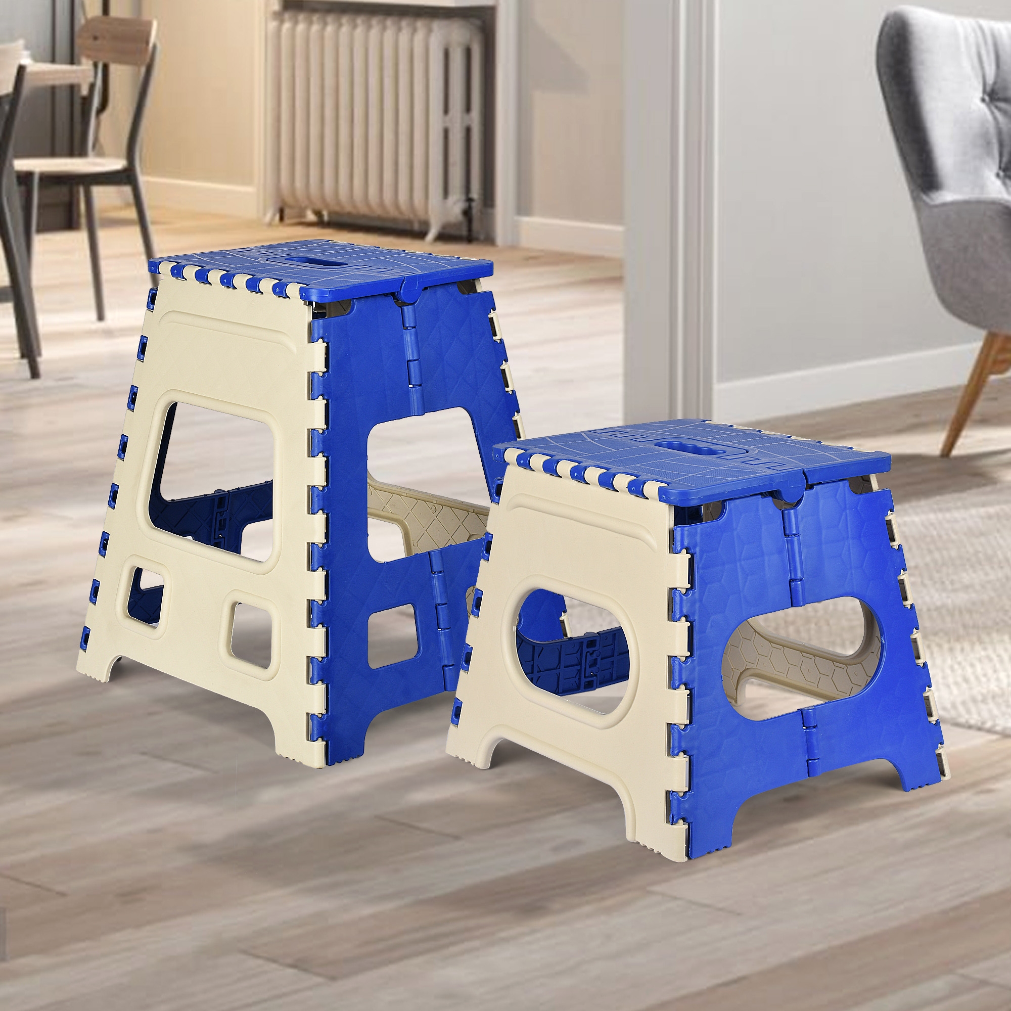 Kuber Industries Pack of 2 Stool | Portable & Foldable Stool | Collapsible Camping Chair | Stool for Outdoor-Fishing-Hiking-Garden-Travel | Multipurpose Sitting Stool | Large-Small | Cream & Blue