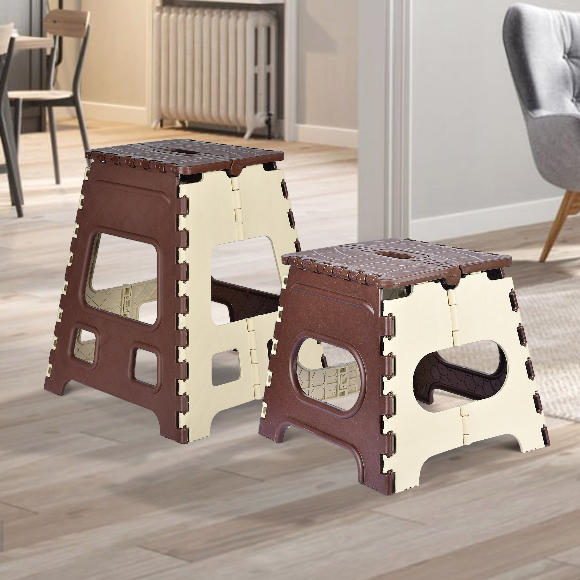 Kuber Industries Pack of 2 Stool | Portable & Foldable Stool | Collapsible Camping Chair | Stool for Outdoor-Fishing-Hiking-Garden-Travel | Multipurpose Sitting Stool | Large-Small | Cream & Brown