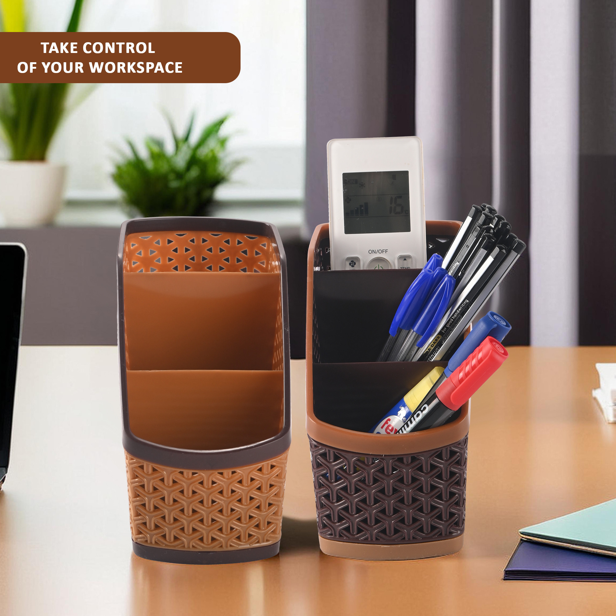 Kuber Industries Pack of 2 Stylish Plastic 3-Compartment Pen Holder for Office Table  Durable Pen Stand for Study Table - Versatile Stationery Organizer for Home School  Office Use  Brown