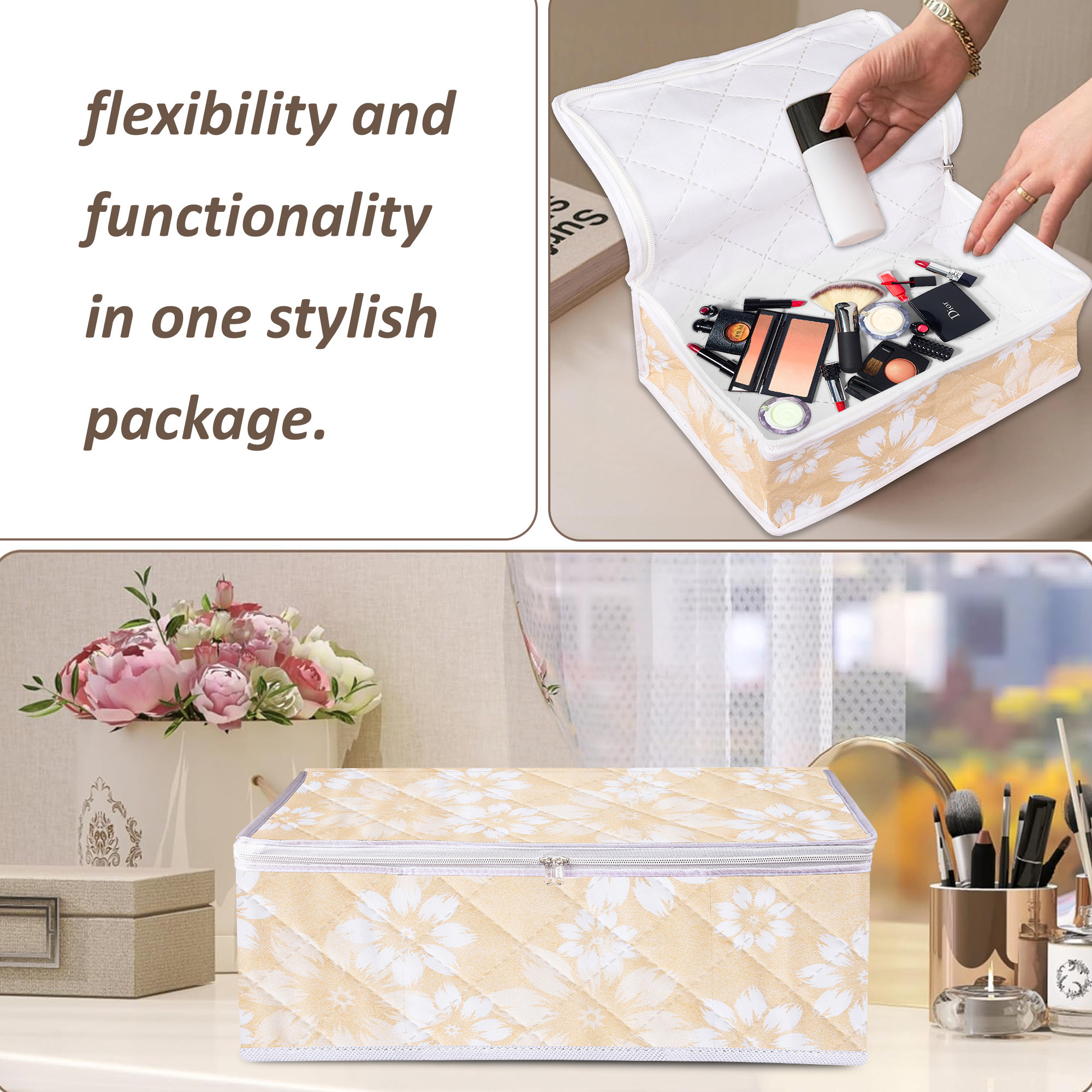 Kuber Industries Pack of 2 Travel Storage Organizer  Space Saver Bags for Underwear-Socks-Bra-Panty  Multi-Purpose Toiletry Bag  Blank Pouch Utility Pouches  Flower Quilted  Large  Golden