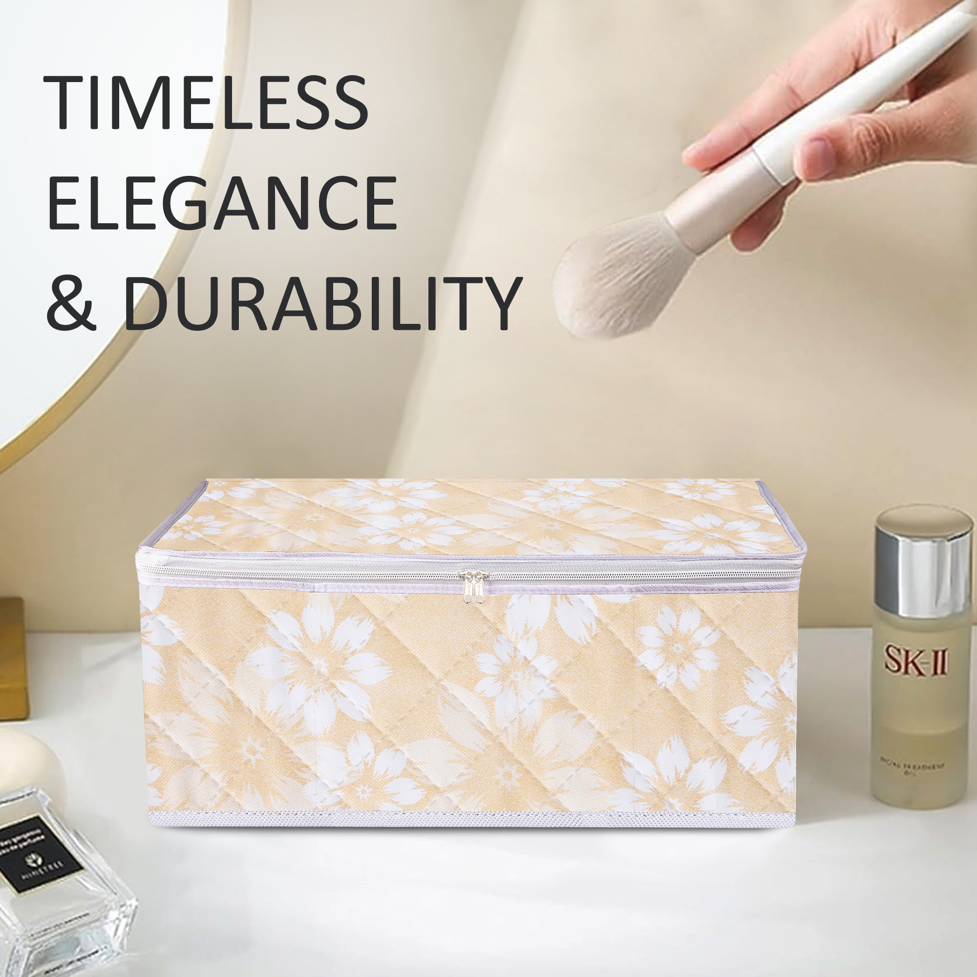 Kuber Industries Pack of 2 Travel Storage Organizer  Space Saver Bags for Underwear-Socks-Bra-Panty  Multi-Purpose Toiletry Bag  Blank Pouch Utility Pouches  Flower Quilted  Medium  Golden