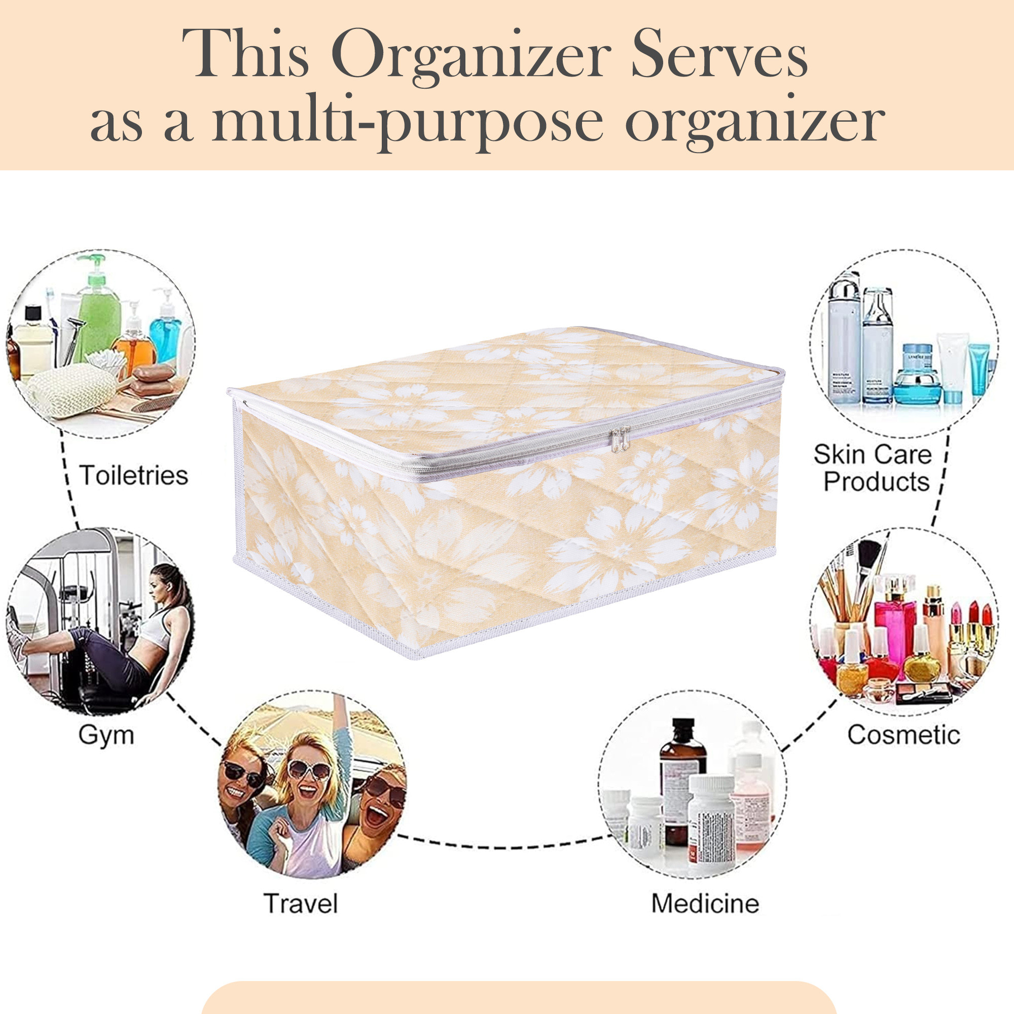 Kuber Industries Pack of 2 Travel Storage Organizer  Space Saver Bags for Underwear-Socks-Bra-Panty  Multi-Purpose Toiletry Bag  Blank Pouch Utility Pouches  Flower Quilted  Medium  Golden