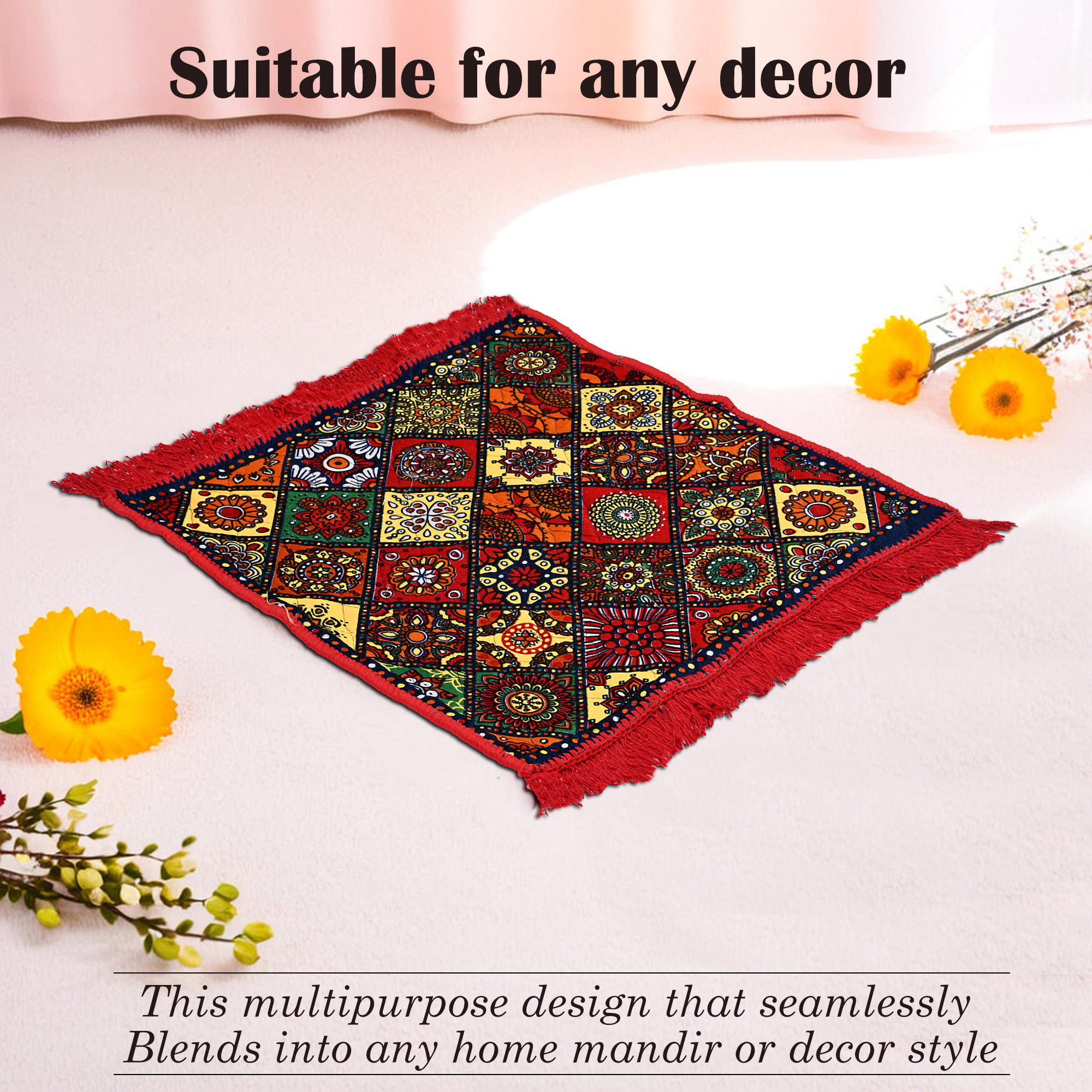 Kuber Industries Pack of 2 Velvet Finish pooja mat for sitting on floor  Traditional Rangoli Print Aasan Puja Cloth for Home Mandir  Suitable for Prayer  Meditation  Red Rangoli