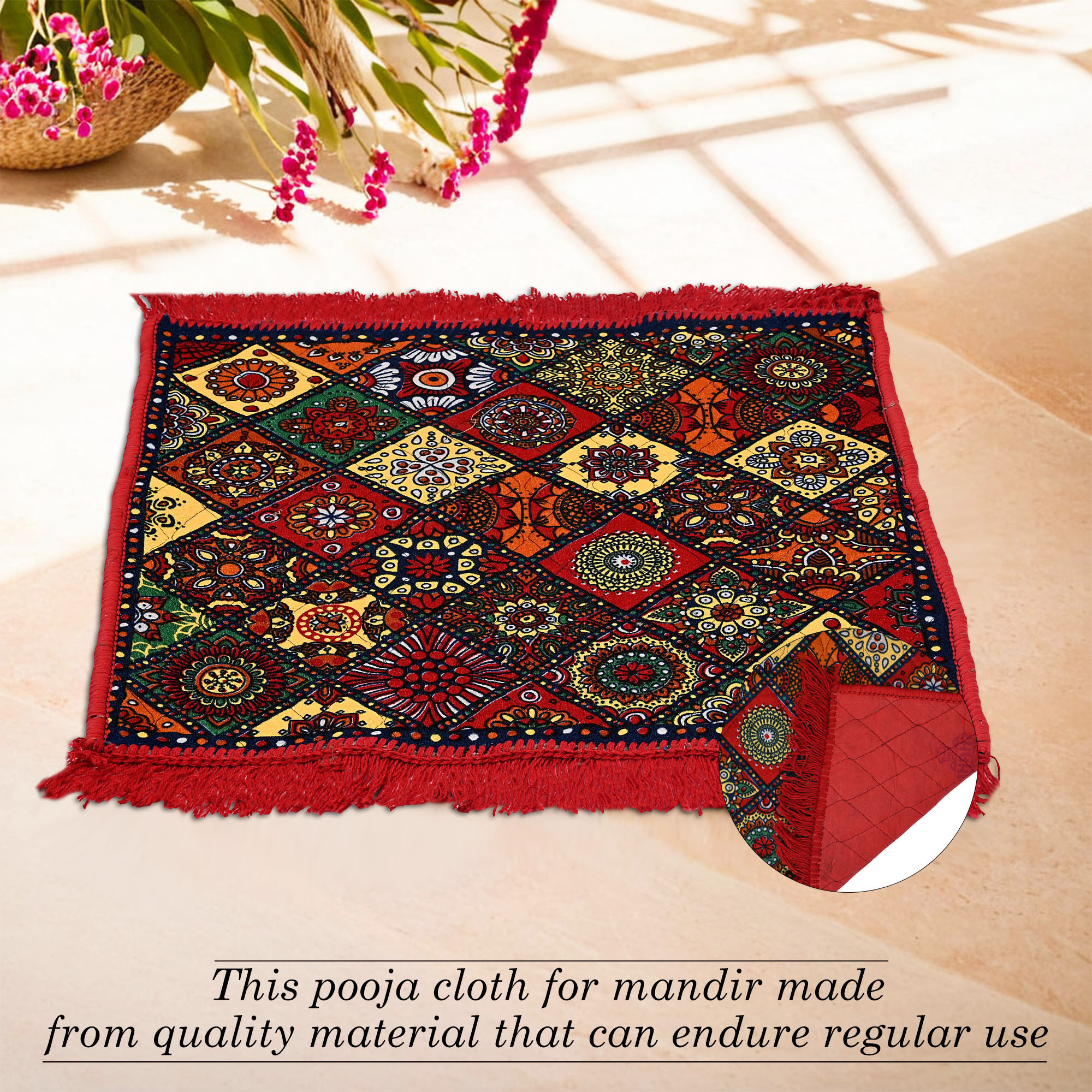 Kuber Industries Pack of 2 Velvet Finish pooja mat for sitting on floor  Traditional Rangoli Print Aasan Puja Cloth for Home Mandir  Suitable for Prayer  Meditation  Red Rangoli