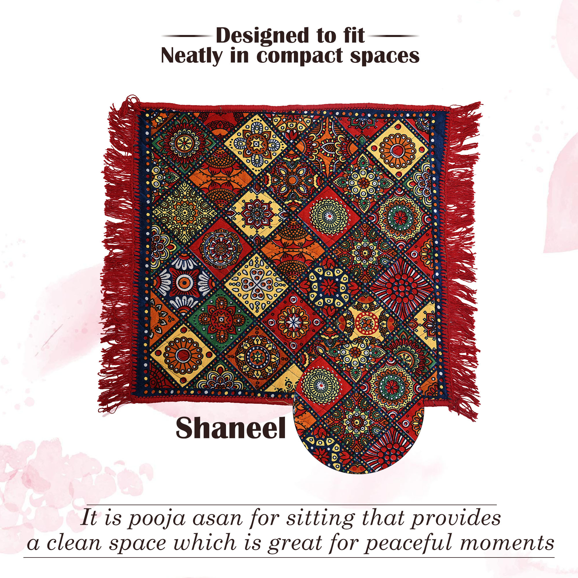Kuber Industries Pack of 2 Velvet Finish pooja mat for sitting on floor  Traditional Rangoli Print Aasan Puja Cloth for Home Mandir  Suitable for Prayer  Meditation  Red Rangoli