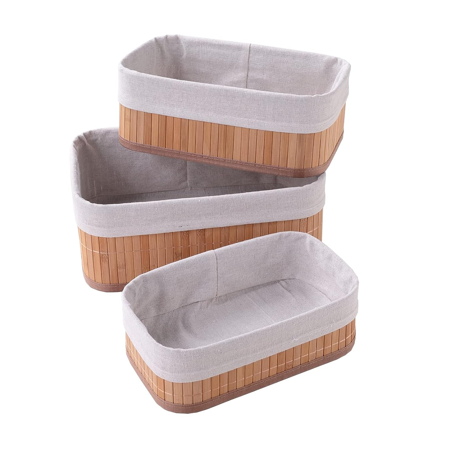 Kuber Industries Pack of 3 Bamboo Storage Basket With Liner|Fodable Storage Organizer|Box For Cloth, Toiletry, Bathroom|Capacity 7L, 4.8L, 2.8L|Natural|