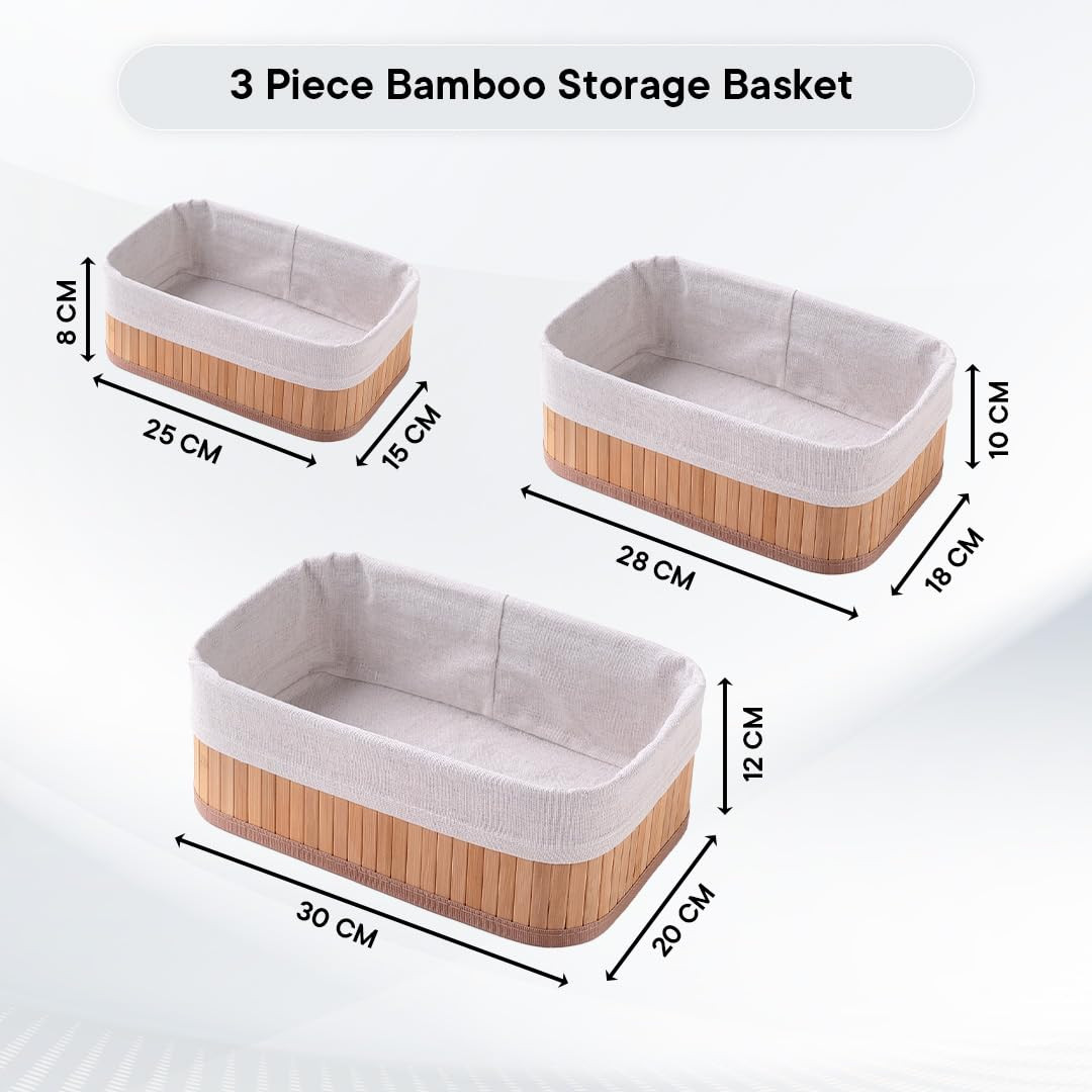 Kuber Industries Pack of 3 Bamboo Storage Basket With Liner|Fodable Storage Organizer|Box For Cloth, Toiletry, Bathroom|Capacity 7L, 4.8L, 2.8L|Natural|