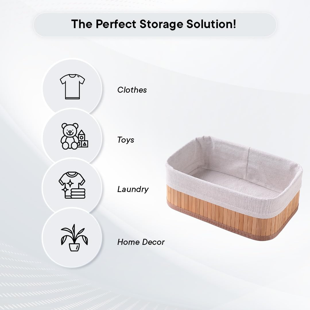 Kuber Industries Pack of 3 Bamboo Storage Basket With Liner|Fodable Storage Organizer|Box For Cloth, Toiletry, Bathroom|Capacity 7L, 4.8L, 2.8L|Natural|