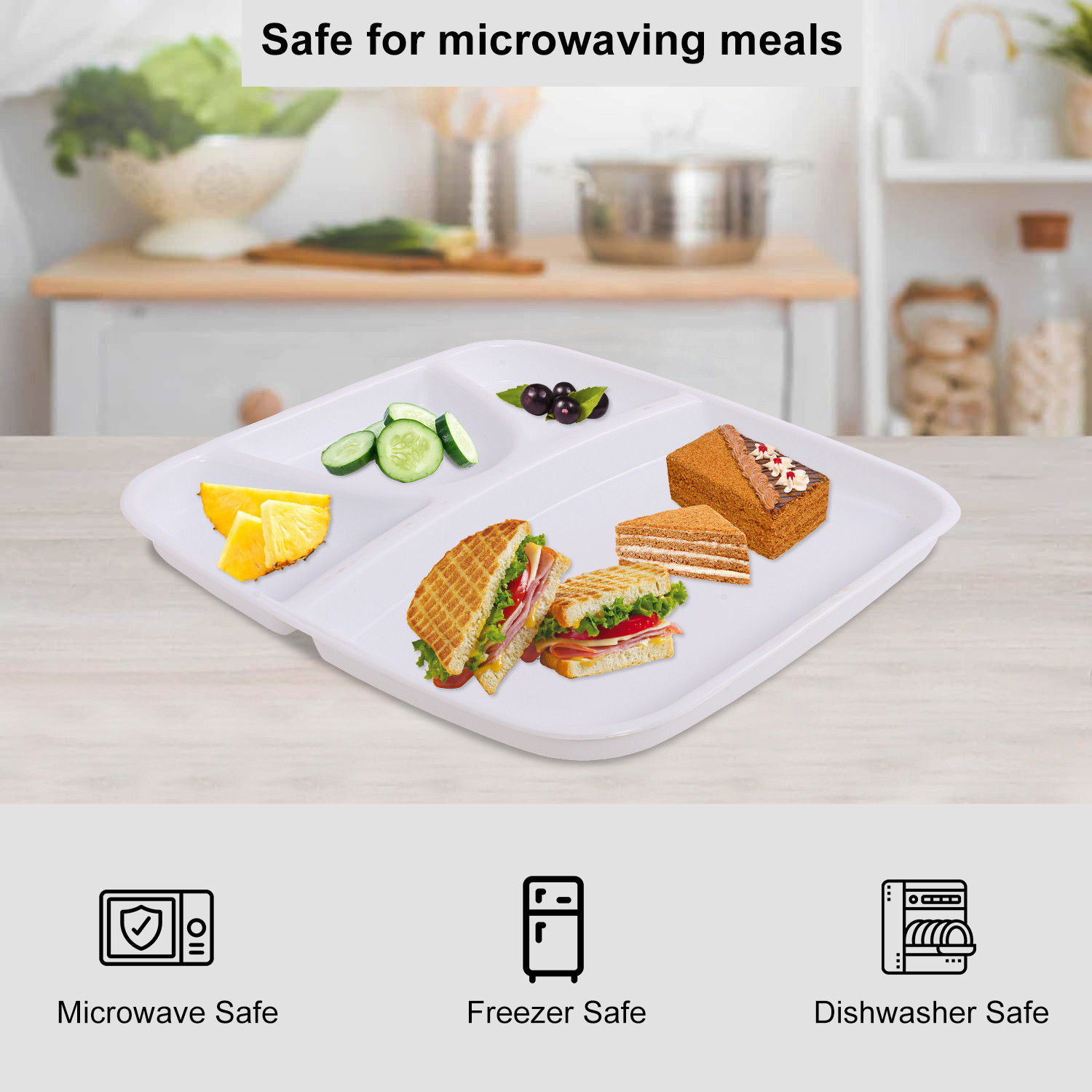 Kuber Industries Pack of 3 BPA Free Plastic Microwave Safe Plates for Meal  4 Sections Plate for Diet Food Breakfast Lunch  Dinner  Reusable Microwave Plate for Heating  Plain White