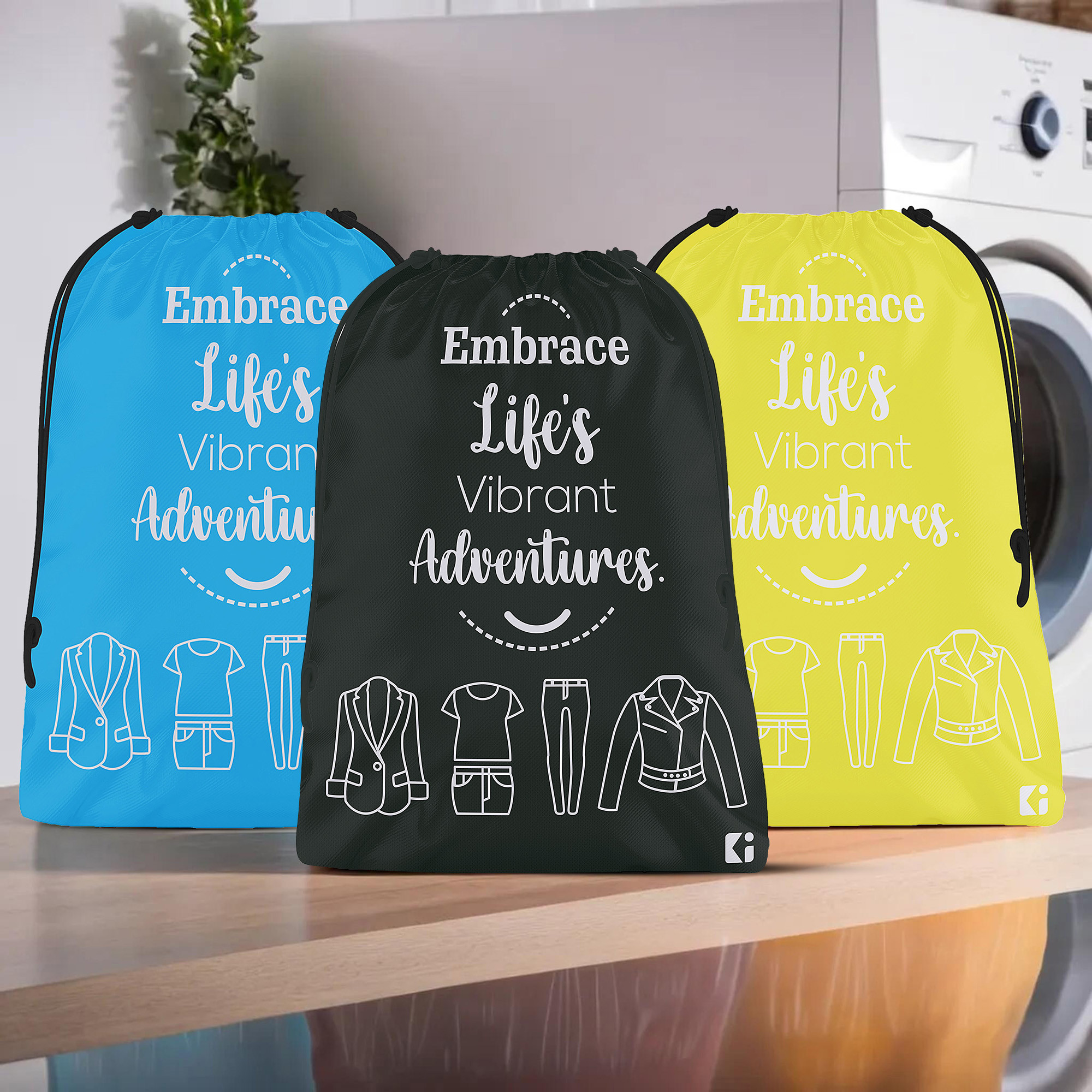Kuber Industries Pack of 3 Cloth Storage Bag | Storage Organizer | Carrying Bag | Garments Cover for Laundry | Storage Organizer for Clothing-Travel | Medium | Yellow-Sky Blue & Black
