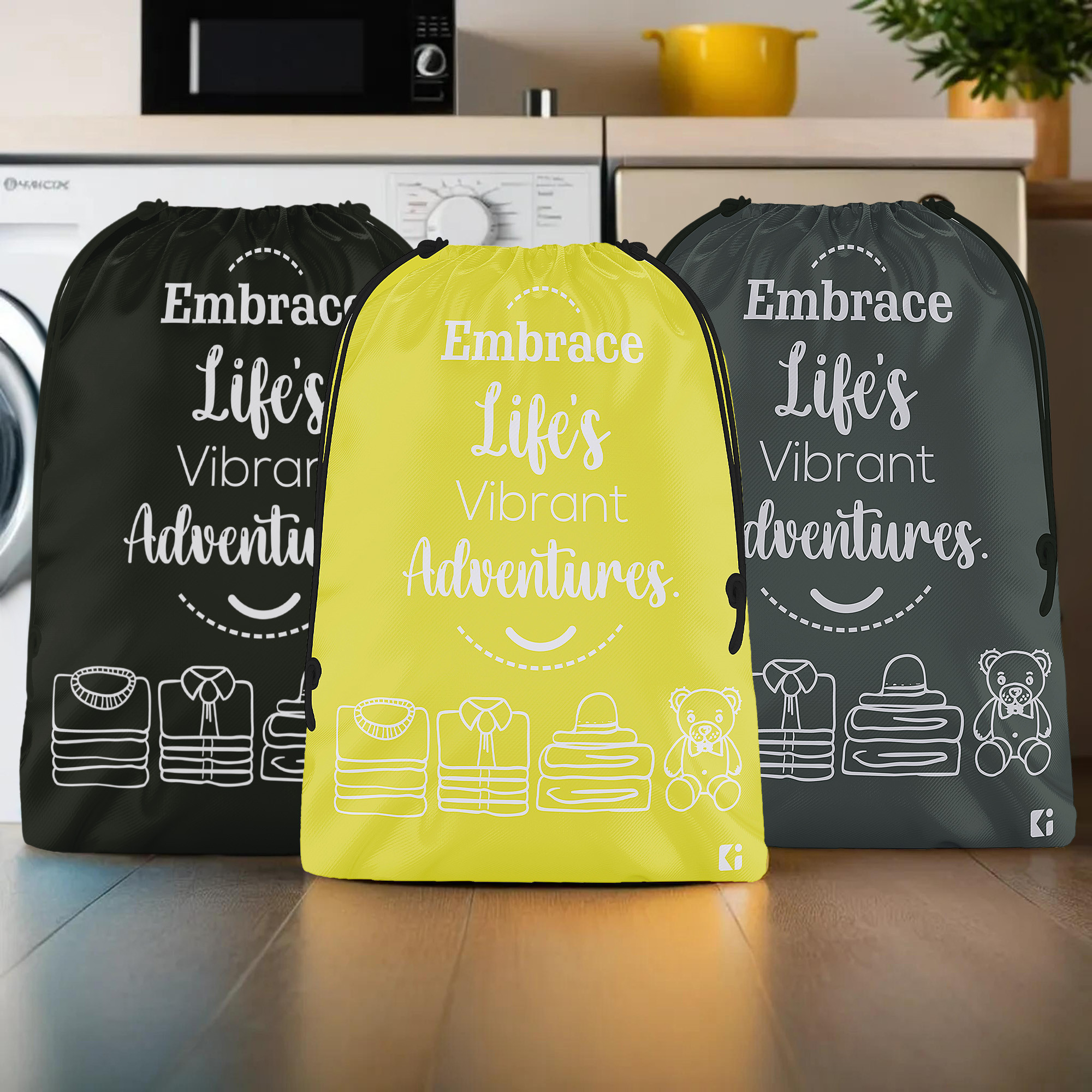 Kuber Industries Pack of 3 Cloth Storage Bag | Storage Organizer | Carrying Bag | Garments Cover for Laundry | Storage Organizer for Clothing-Travel | Large | Yellow-Black & Gray