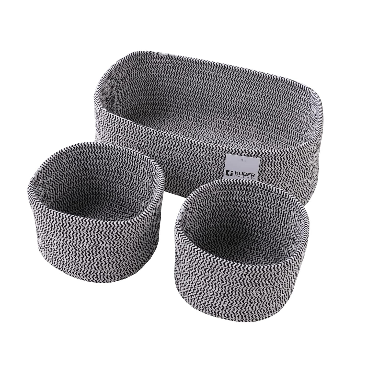 Kuber Industries Pack of 3 Cotton Woven Storage Basket With Handle|Shelf Basket Hamper|Organizer for Toys, Socks, Cosmetic|Capacity 9.2L, 3L,3L|Grey|