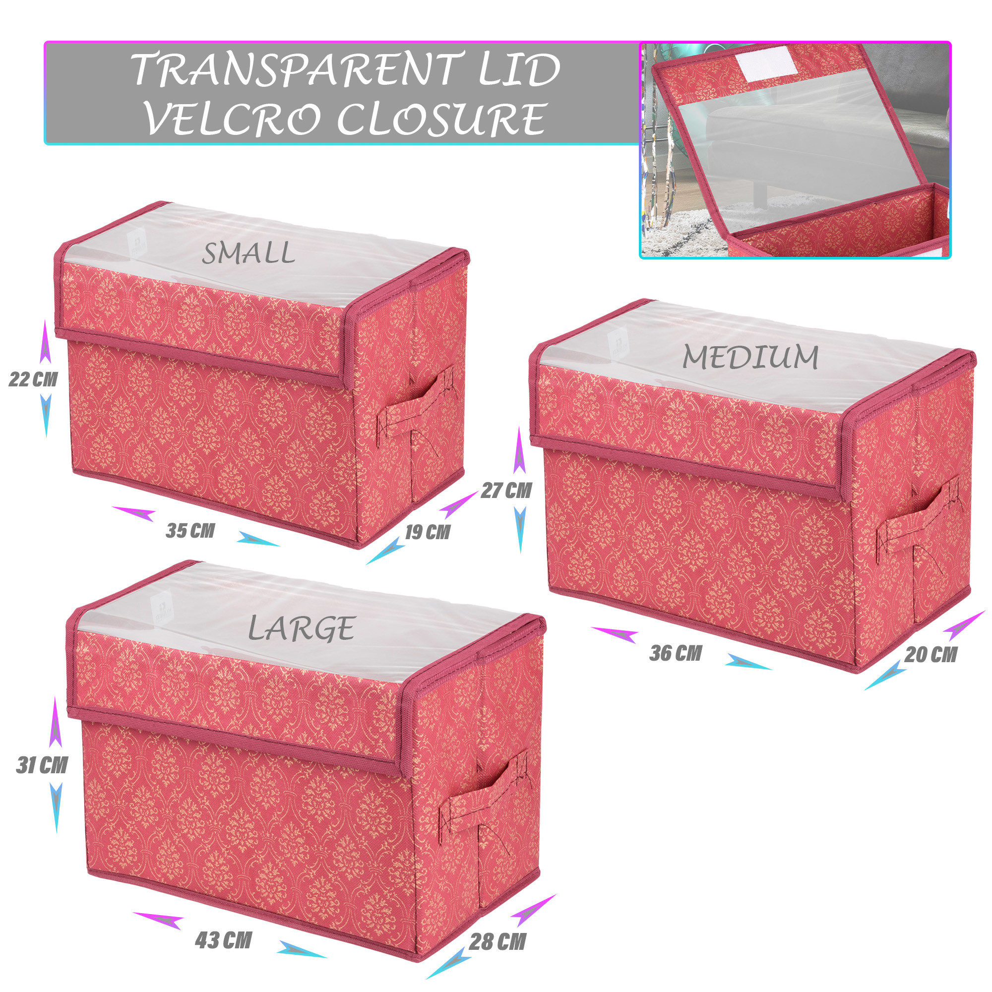 Kuber Industries Pack of 3 Drawer Storage Box | Foldable Clothes Organizer | Transparent Dhakkan with Handle | Velcro Drawer Organizer for Books-Toys | Golden-Printed | S | M | L | Maroon