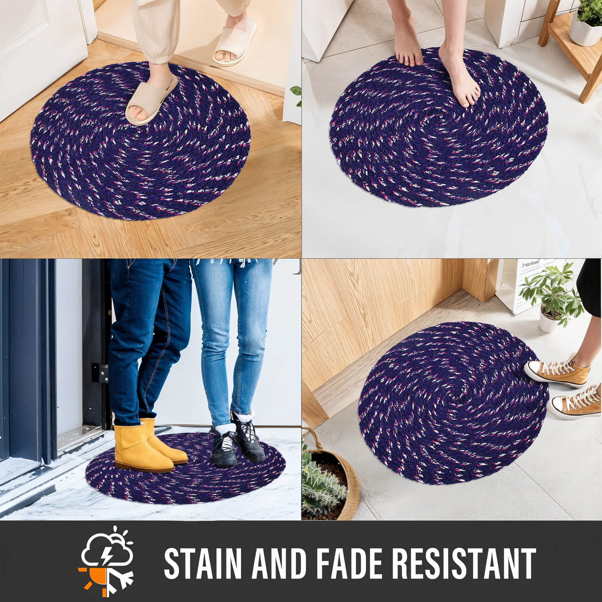Kuber Industries Pack of 3 Durable Round Door Mats for Home  Living Room  15x15 Inches Rainy Season Mats for Floor  Footmats for Bedroom Kitchen  Balcony  Blue