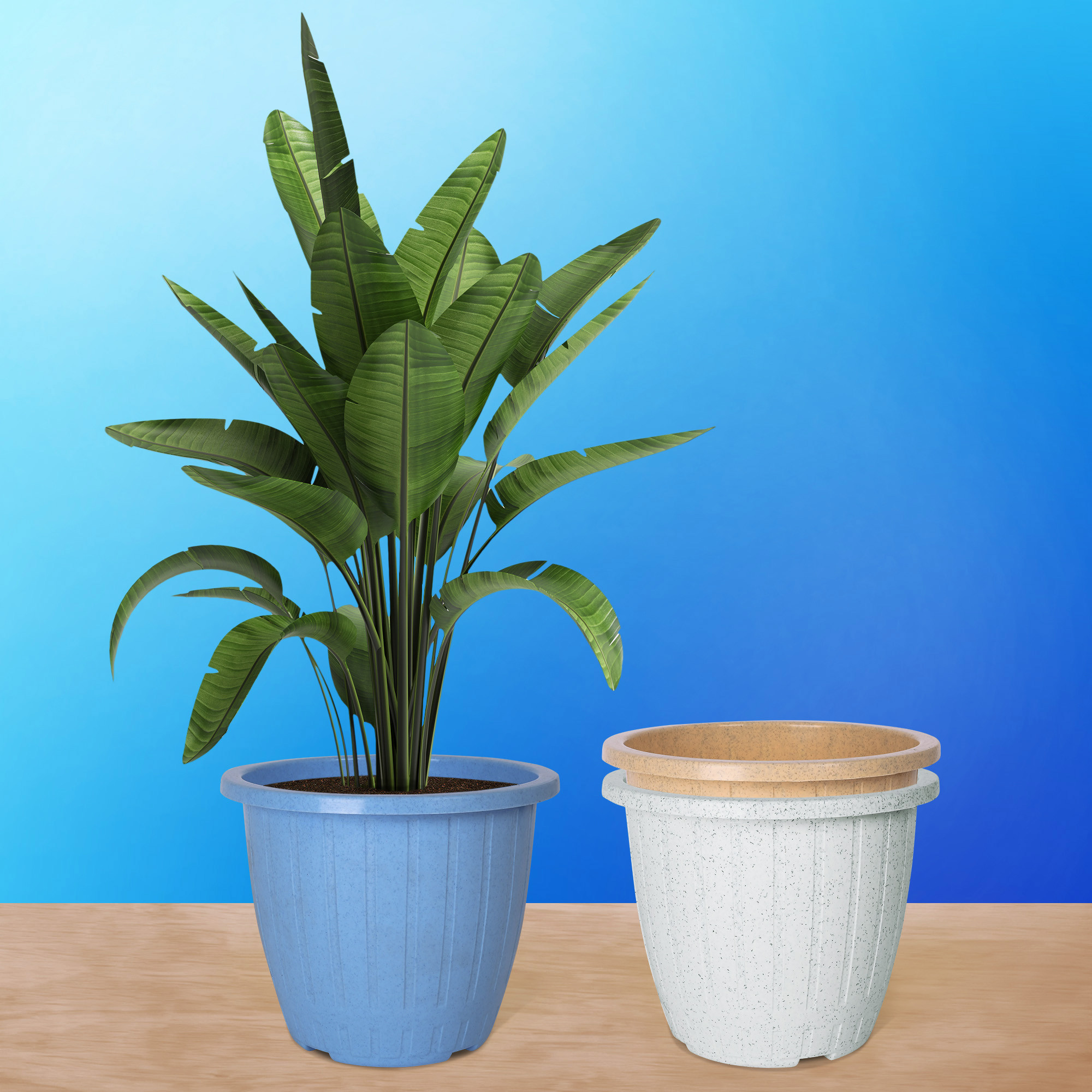 Kuber Industries Pack of 3 Flower Pot | Flower Pot for Living Room | Planters for Home-Lawns & Gardening | Window Flower Pots for Balcony | Marble Duro | 8 Inch | Sky Blue-White & Beige
