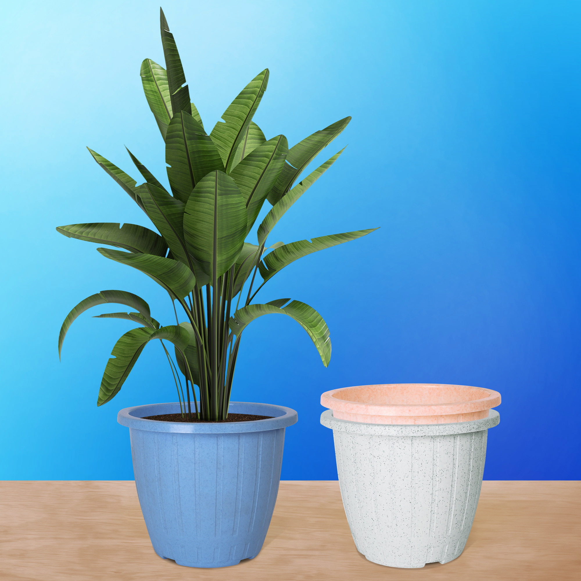 Kuber Industries Pack of 3 Flower Pot | Flower Pot for Living Room | Planters for Home-Lawns & Gardening | Window Flower Pots for Balcony | Marble Duro | 8 Inch | Sky Blue-White & Peach