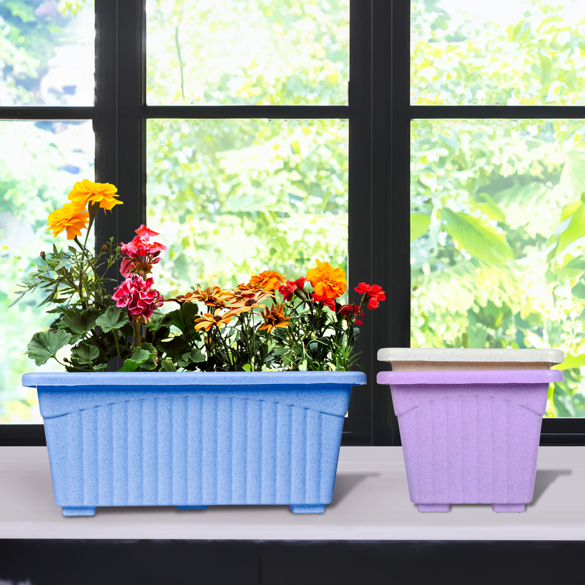 Kuber Industries Pack of 3 Flower Pot | Flower Pot for Living Room-Office | Planters for Home-Lawns & Gardening | Window Flower Pots for Balcony | Marble Jupitar | Sky Blue-Purple & White