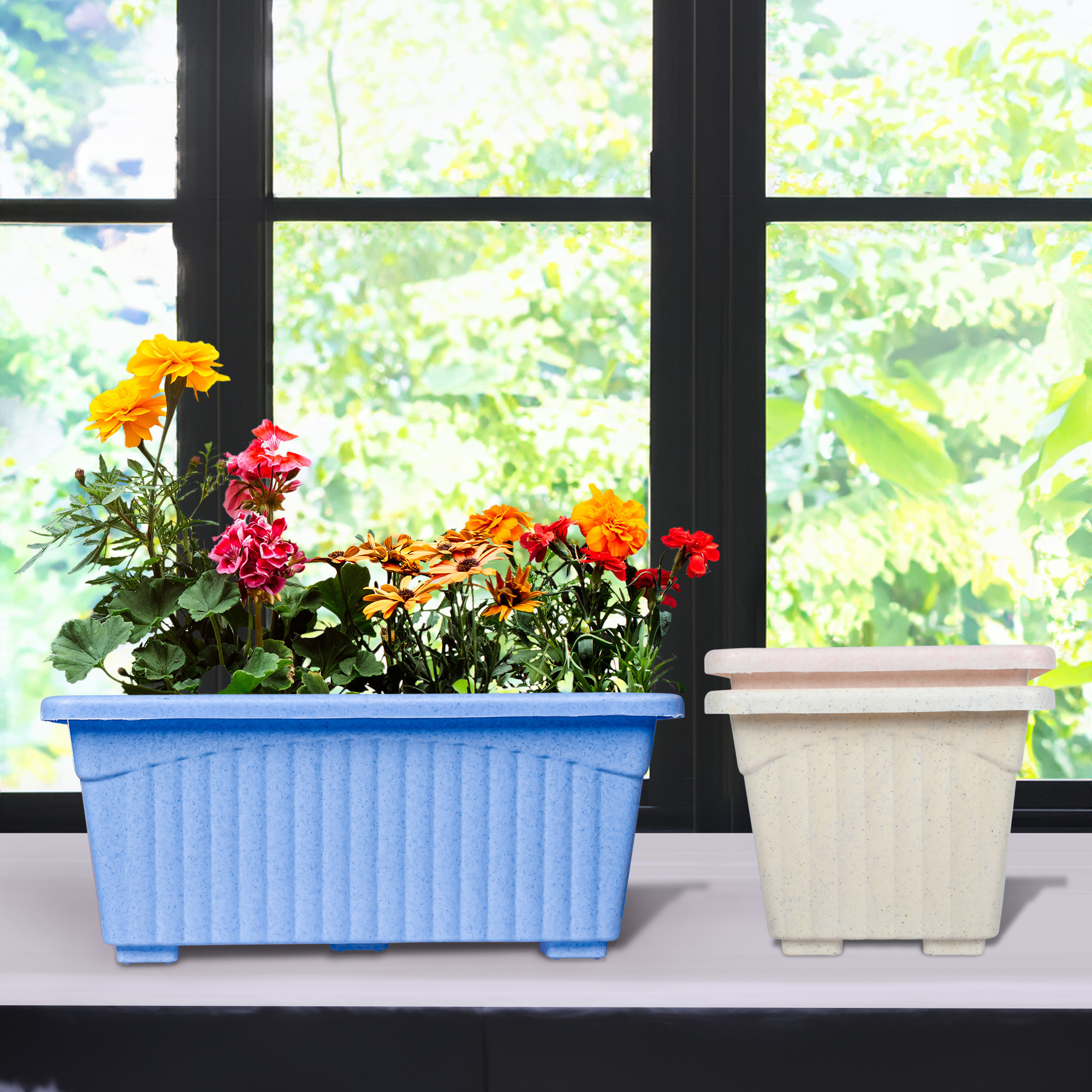 Kuber Industries Pack of 3 Flower Pot | Flower Pot for Living Room-Office | Planters for Home-Lawns & Gardening | Window Flower Pots for Balcony | Marble Jupitar | Sky Blue-White & Pink