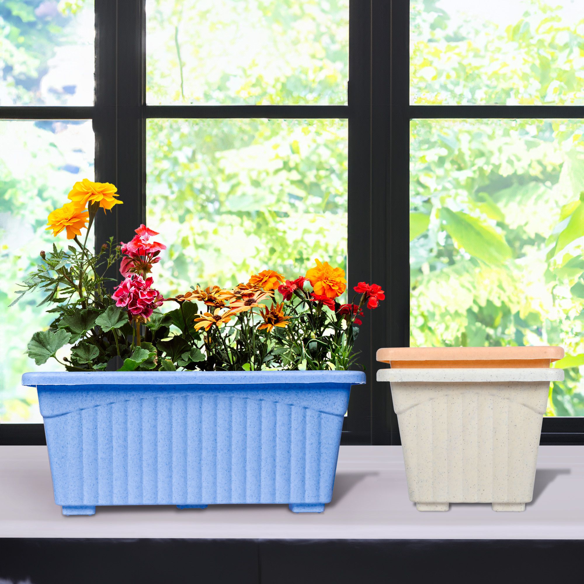 Kuber Industries Pack of 3 Flower Pot | Flower Pot for Living Room-Office | Planters for Home-Lawns & Gardening | Window Flower Pots for Balcony | Marble Jupitar | Sky Blue-White & Peach