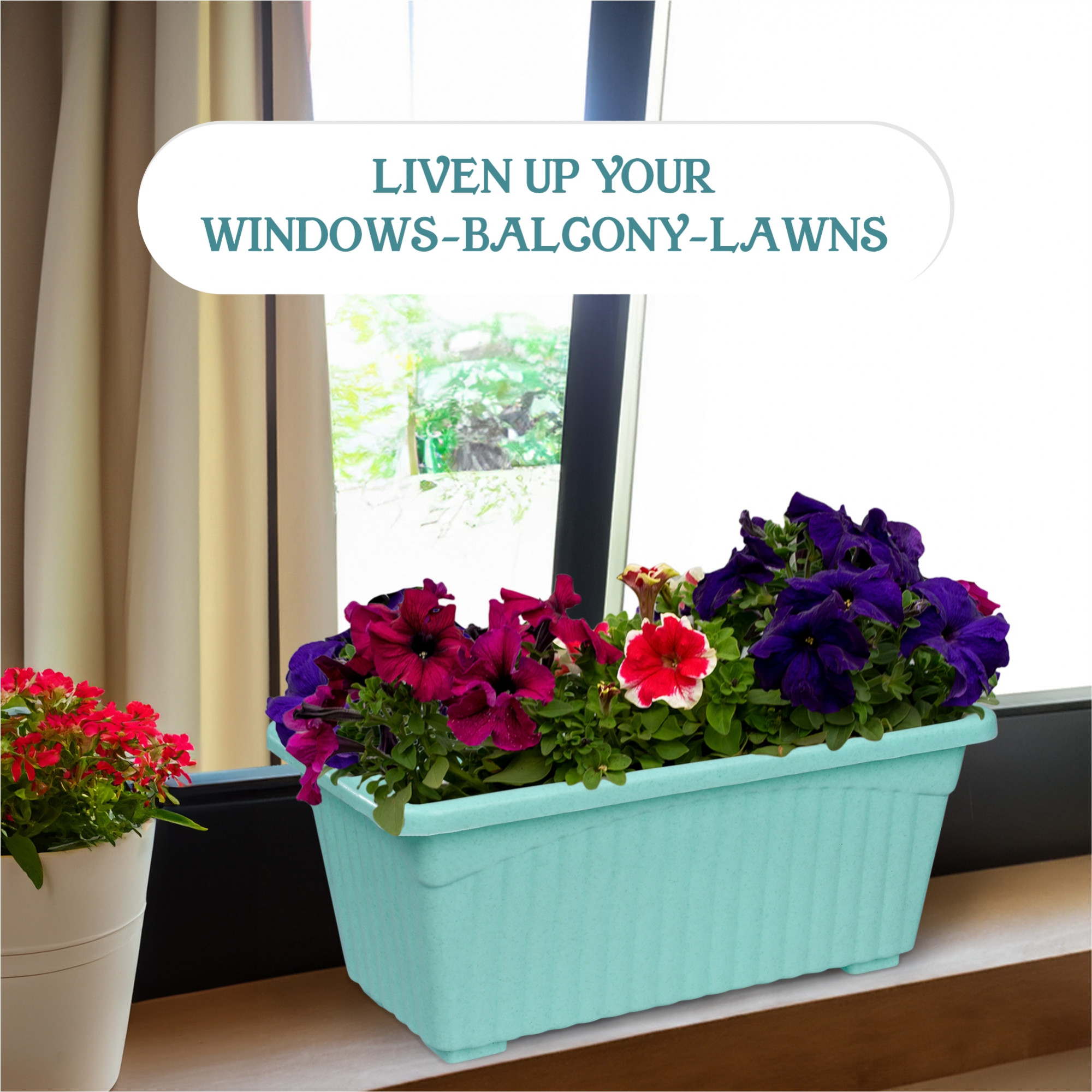 Kuber Industries Pack of 3 Flower Pot | Flower Pot for Living Room-Office | Planters for Home-Lawns & Gardening | Window Flower Pots for Balcony | Marble Jupitar | Sky Blue-White & Green