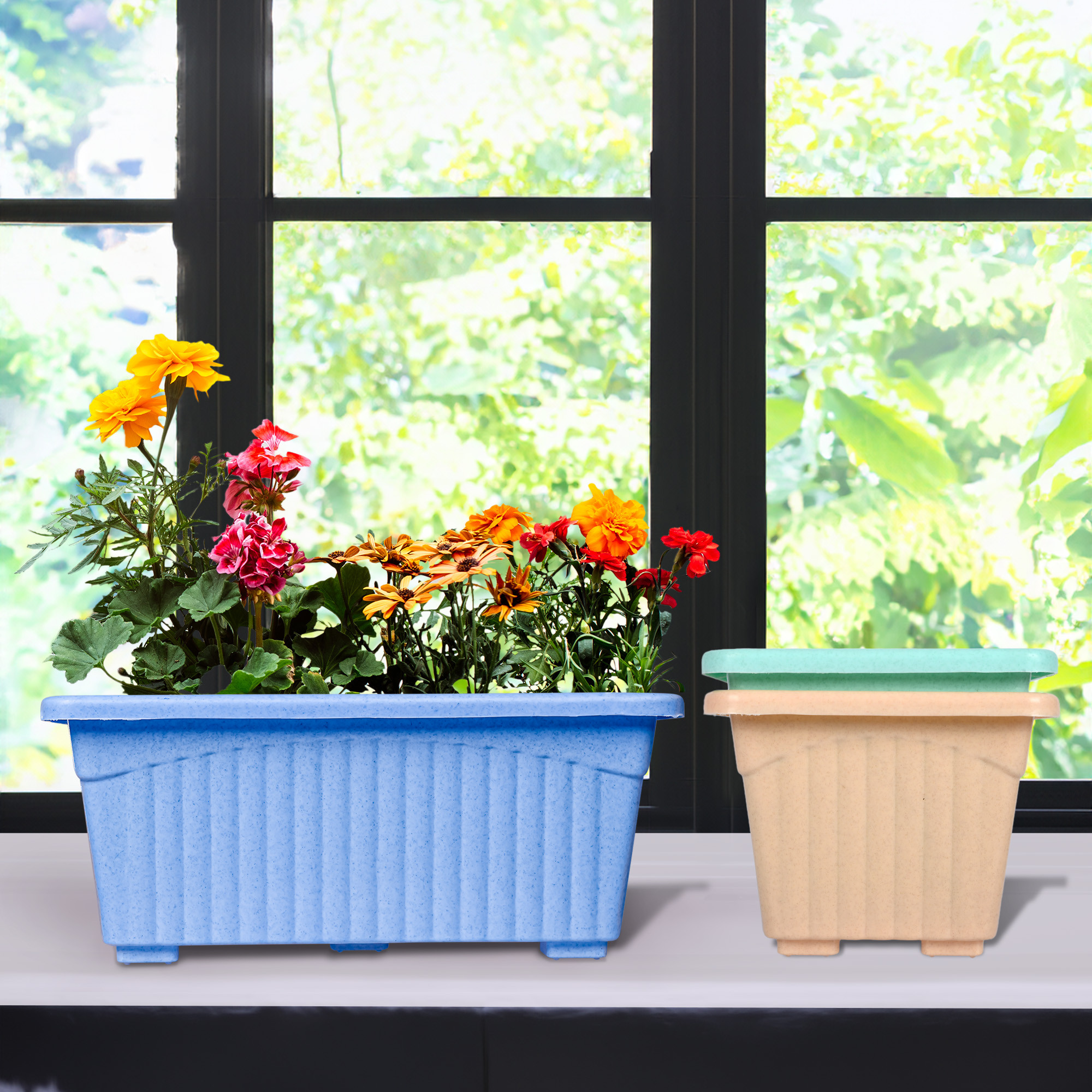Kuber Industries Pack of 3 Flower Pot | Flower Pot for Living Room-Office | Planters for Home-Lawns & Gardening | Window Flower Pots for Balcony | Marble Jupitar | Sky Blue-Peach & Green