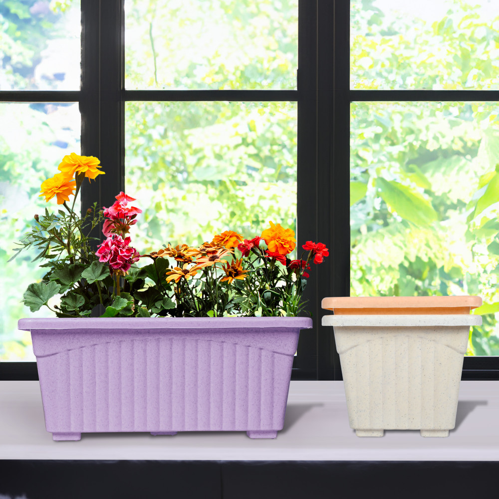 Kuber Industries Pack of 3 Flower Pot | Flower Pot for Living Room-Office | Planters for Home-Lawns &amp; Gardening | Window Flower Pots for Balcony | Marble Jupitar | Purple-White &amp; Peach
