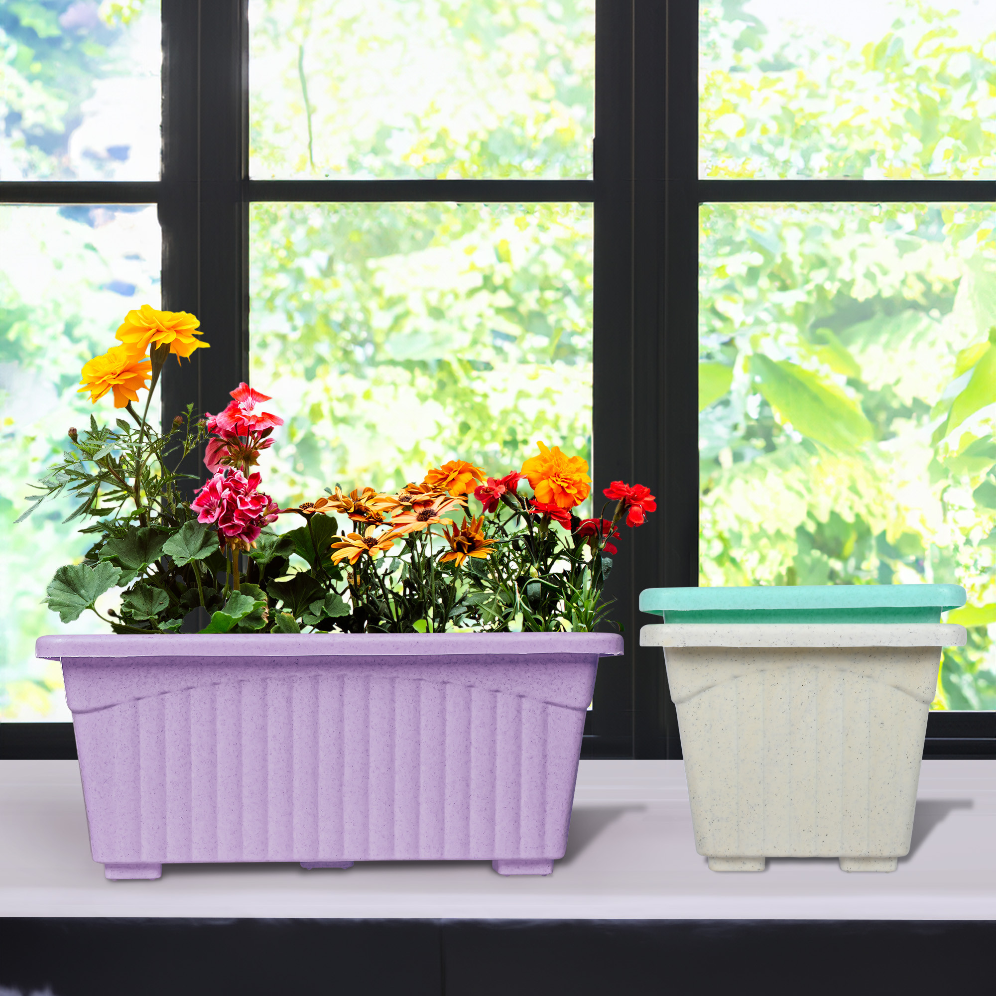 Kuber Industries Pack of 3 Flower Pot | Flower Pot for Living Room-Office | Planters for Home-Lawns & Gardening | Window Flower Pots for Balcony | Marble Jupitar | Purple-White & Green