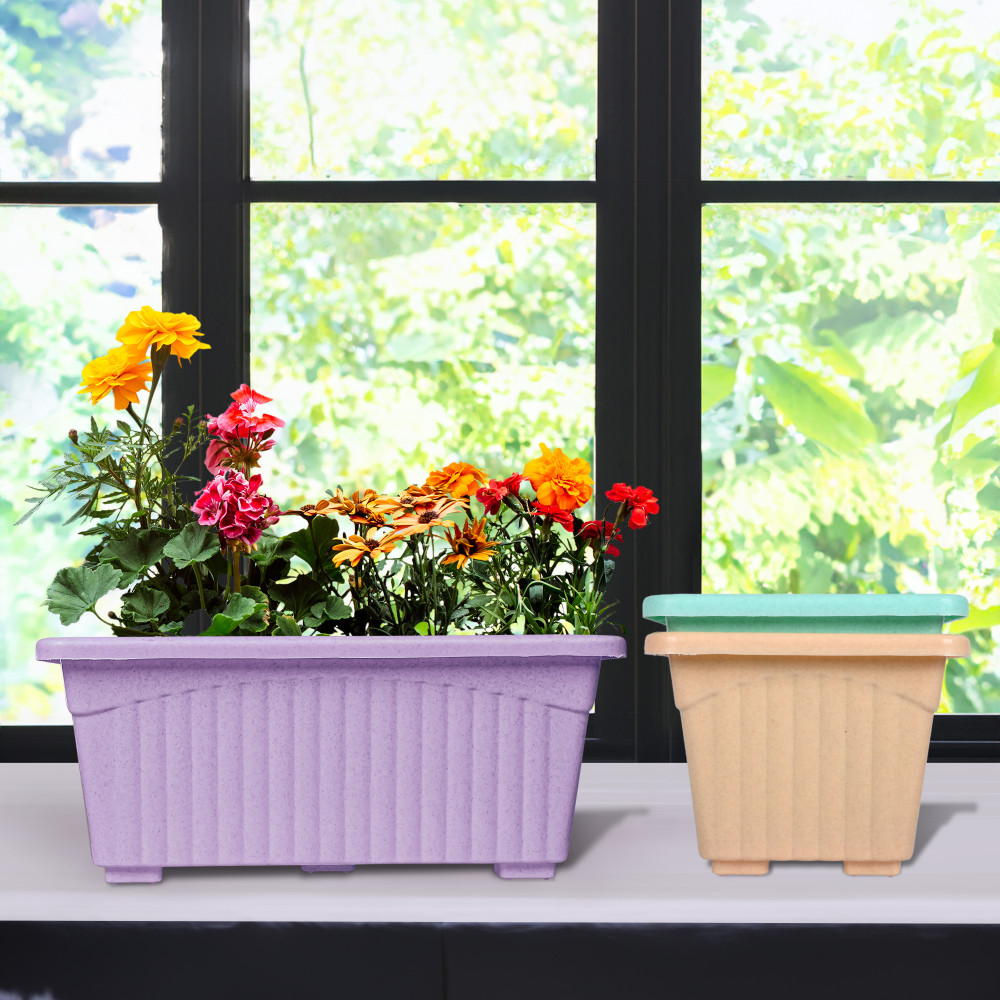 Kuber Industries Pack of 3 Flower Pot | Flower Pot for Living Room-Office | Planters for Home-Lawns &amp; Gardening | Window Flower Pots for Balcony | Marble Jupitar | Purple-Peach &amp; Green